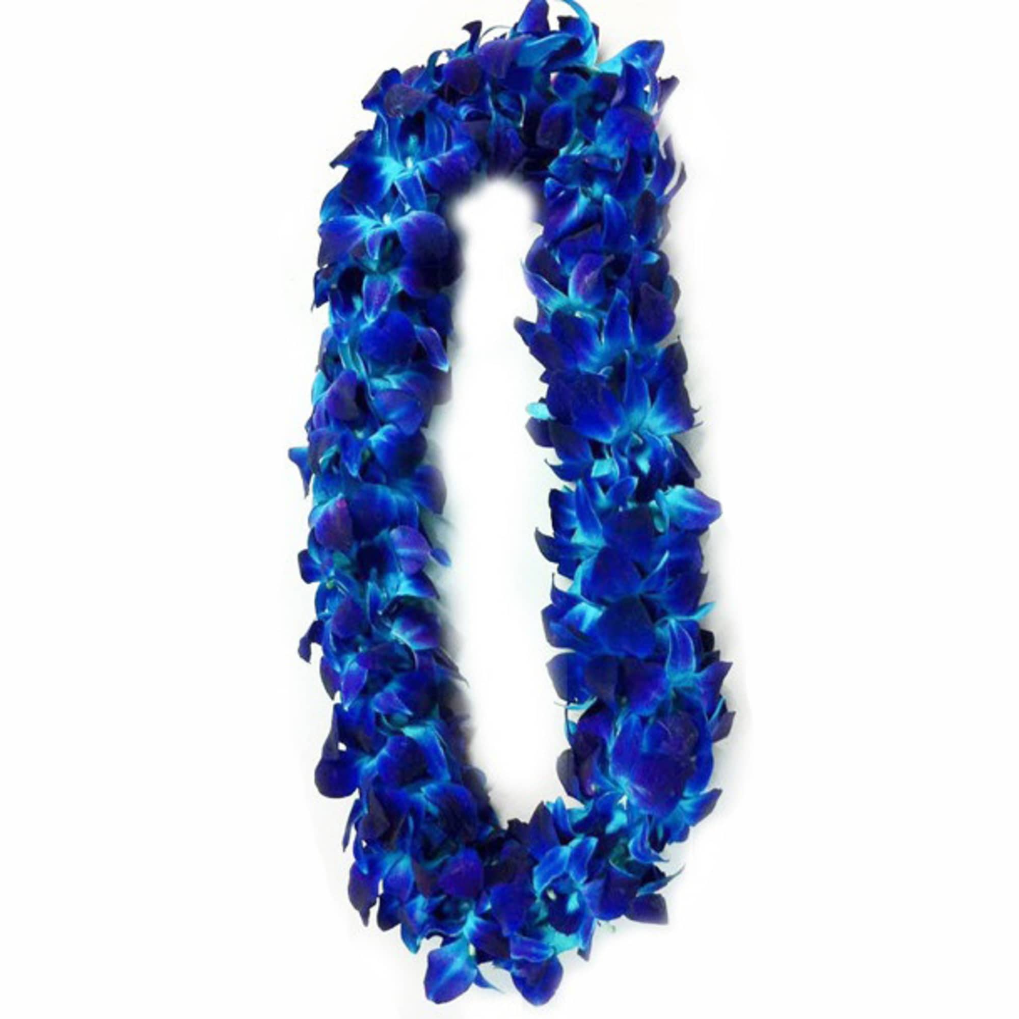 Blue flower lei necklace on a white background