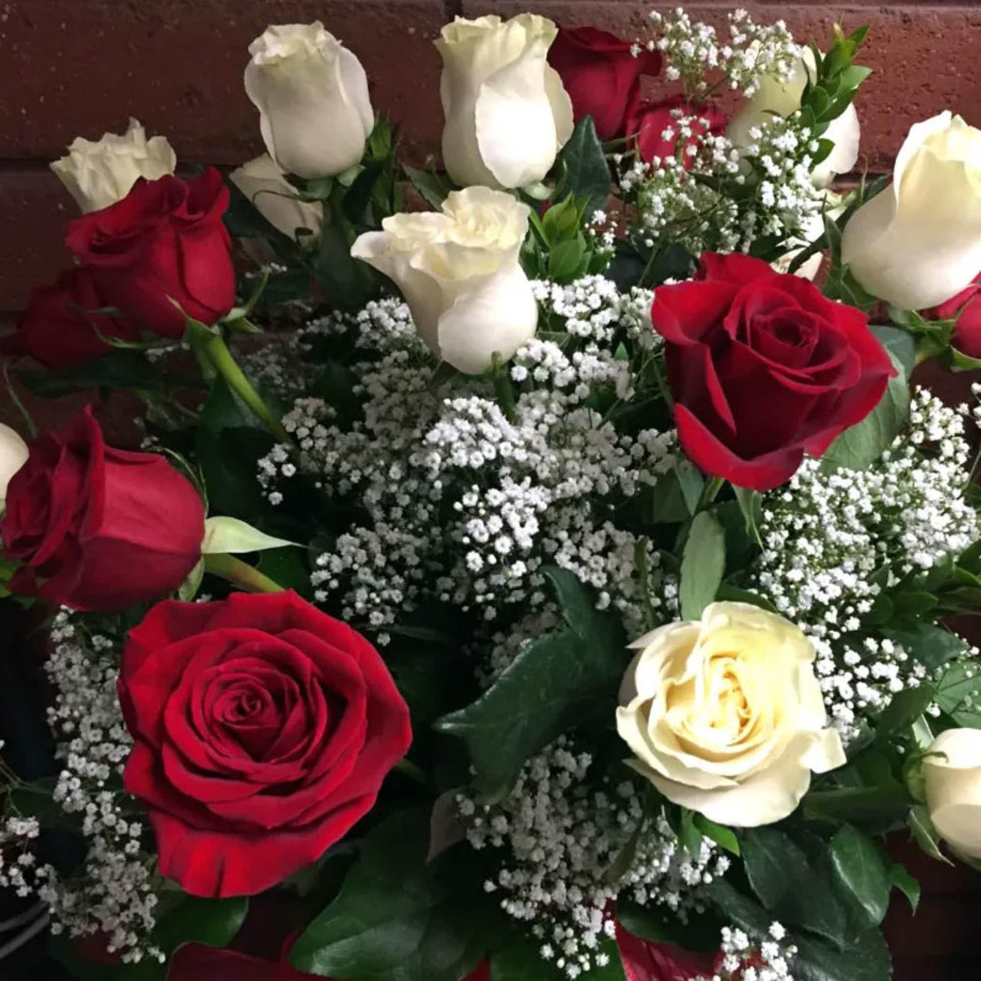 Bouquet of red and white roses with baby's breath