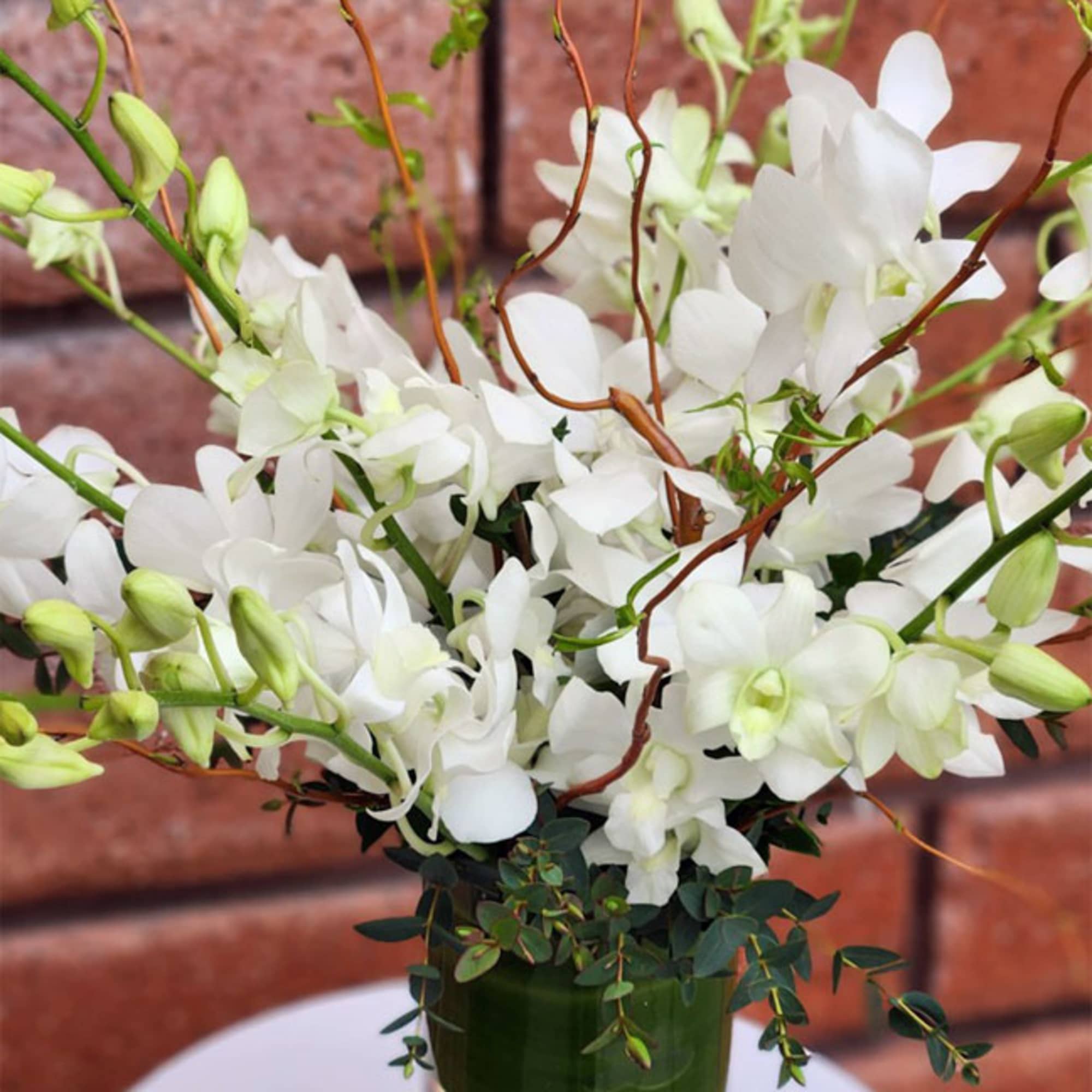 White orchid arrangement in a green glass vase