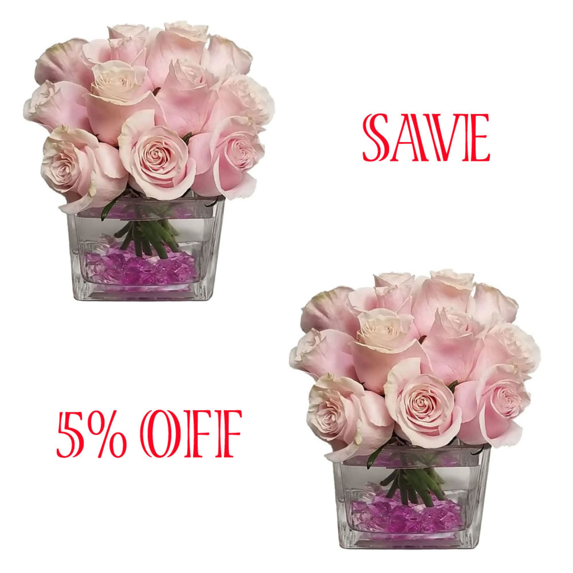 Two pink rose bouquets in square glass vases with pink stones
