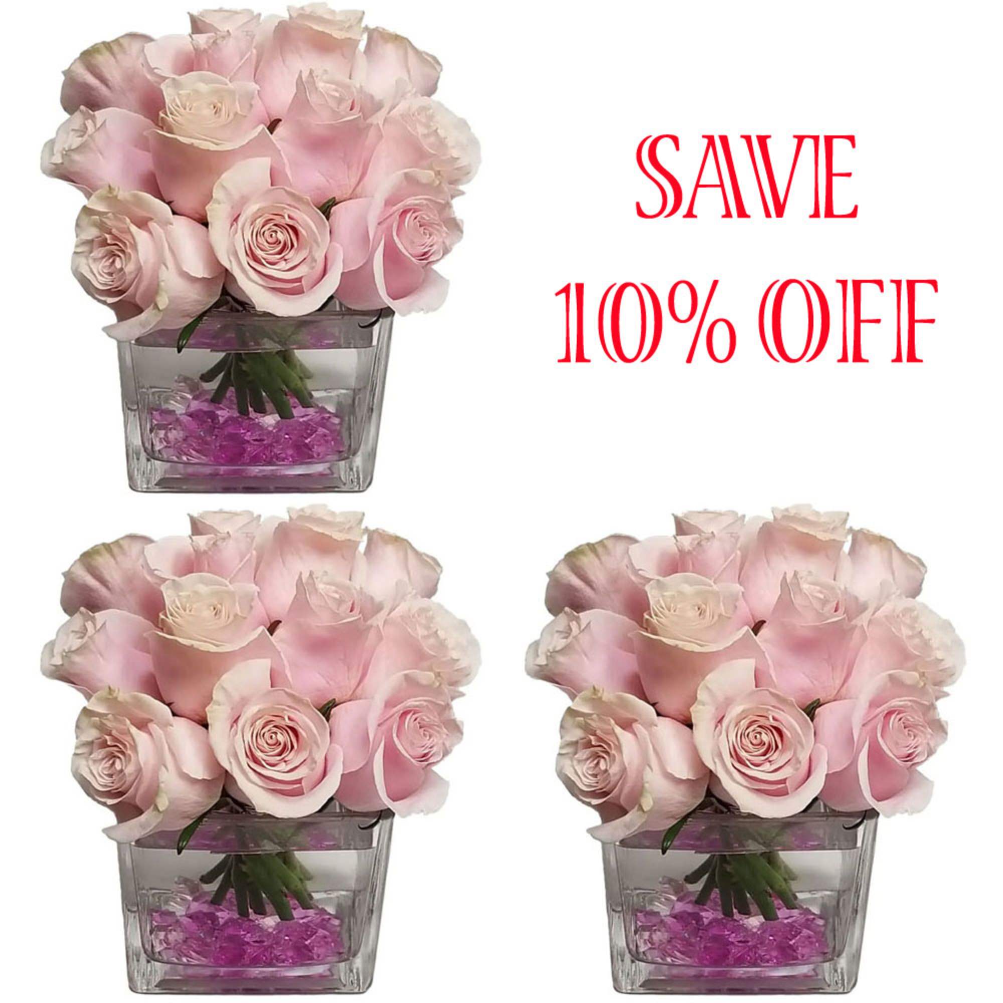 Three pink rose arrangements in square glass vases with red sale text.