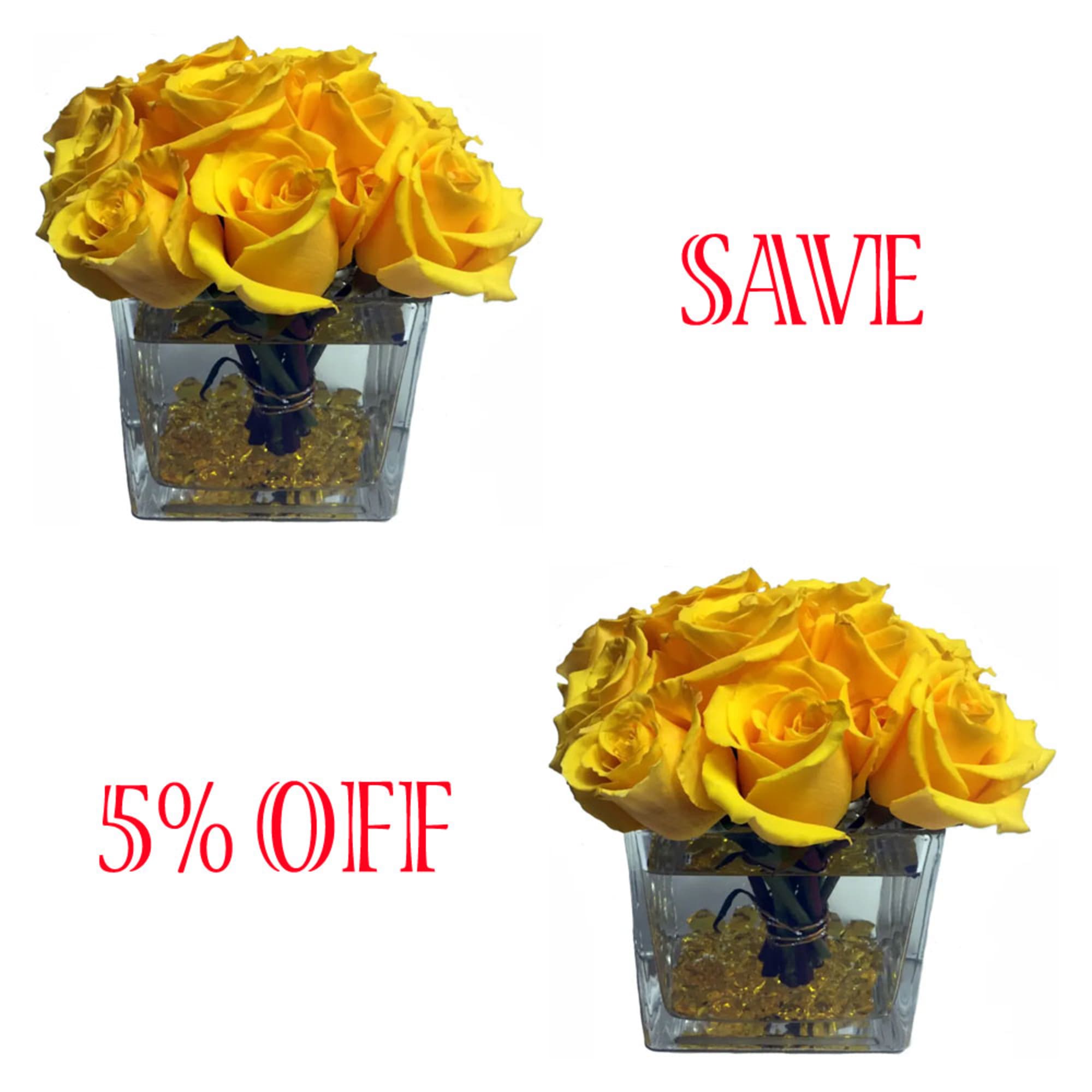 Yellow rose bouquets in square glass vases with red sale text