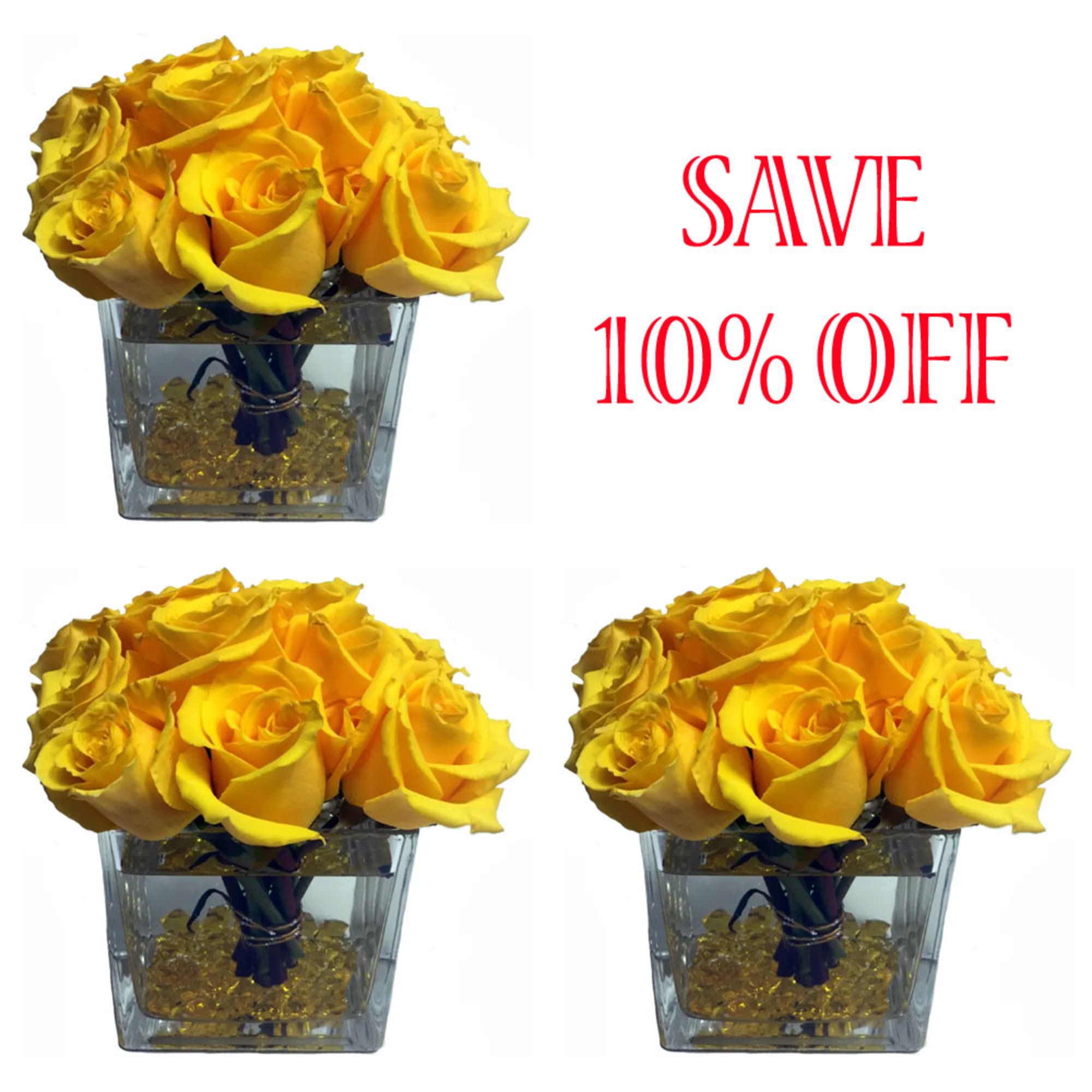 Three yellow rose arrangements in square glass vases with red sale text.