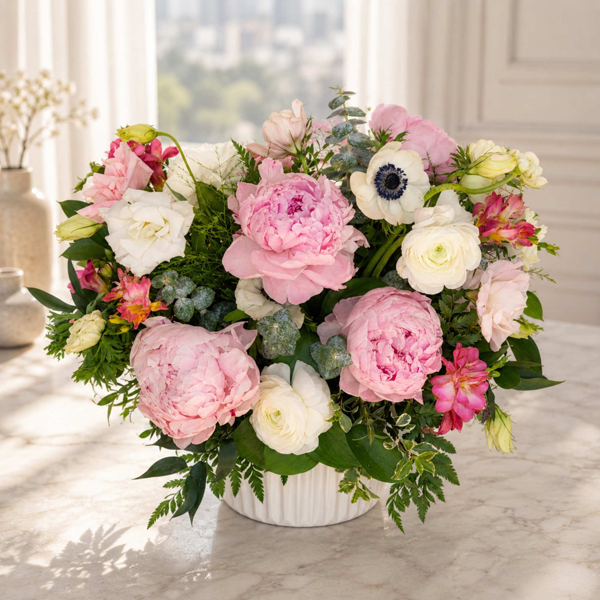 Pink and white mixed flower arrangement in a white vase