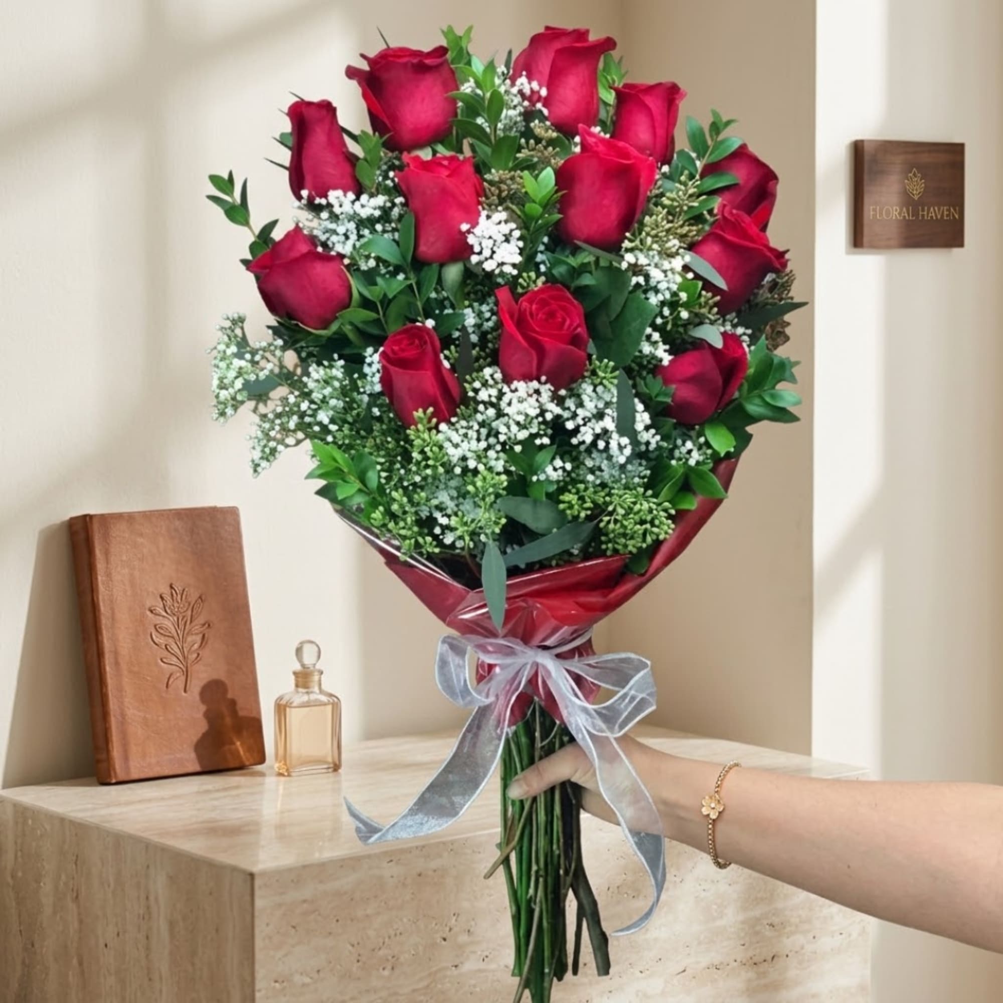 Handheld bouquet of red roses with white filler flowers and a ribbon tie