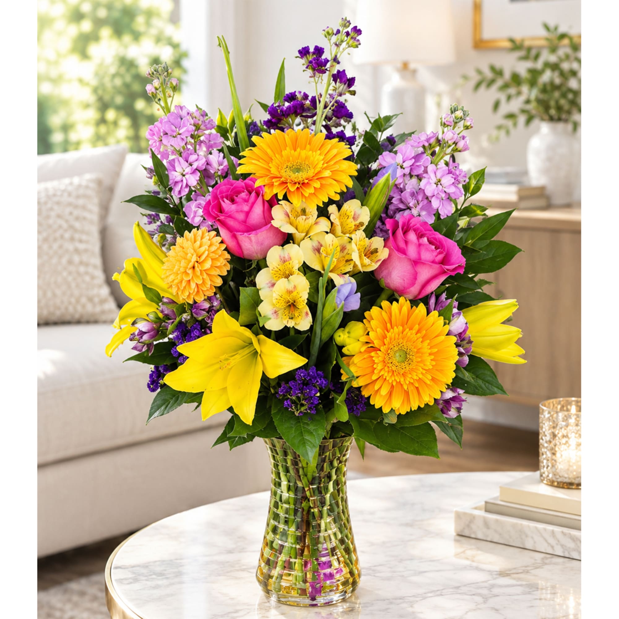 Bright mixed bouquet in a glass vase with pink roses, yellow lilies, and purple flowers