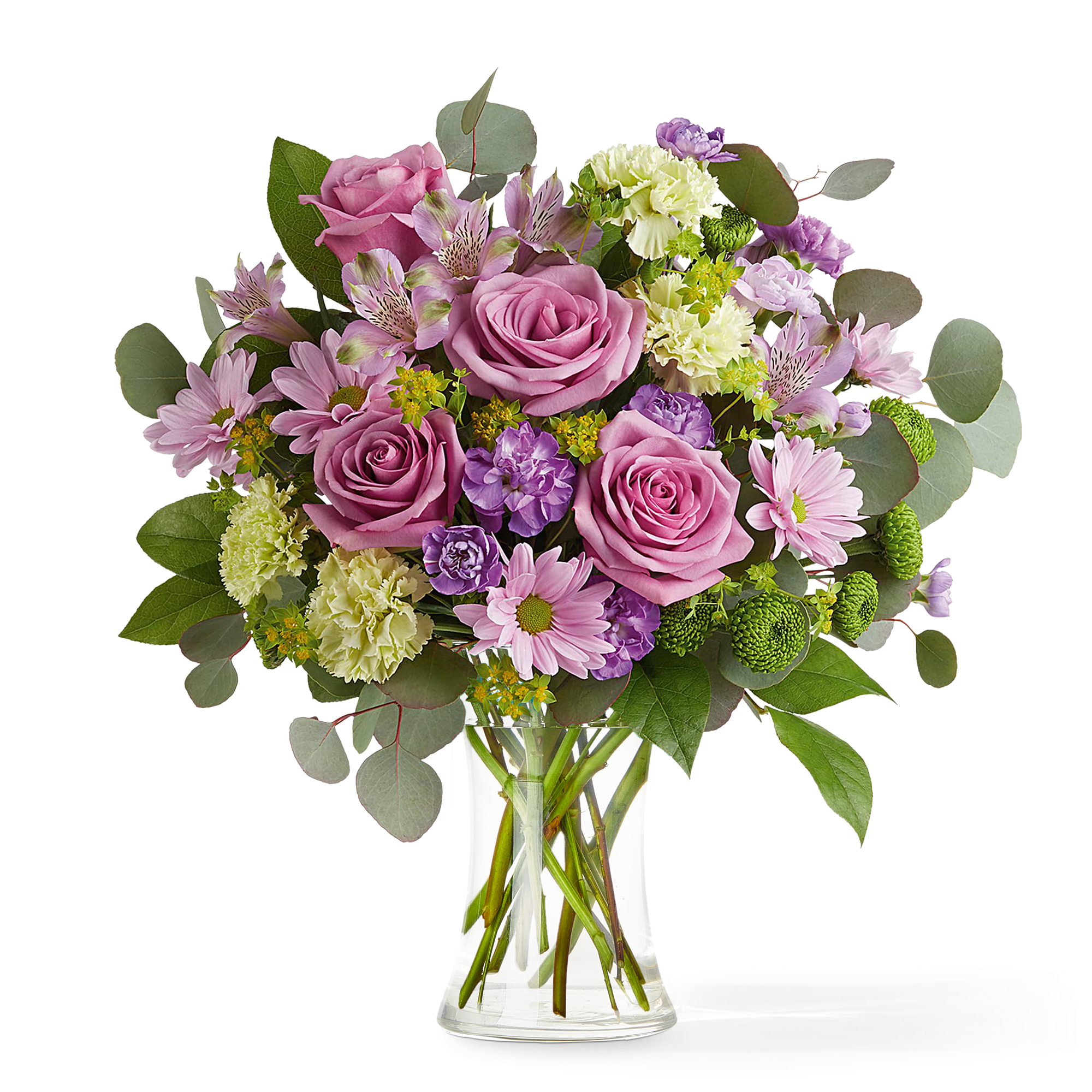 An opulent design featuring the eye catching contrast of soft lavender blooms