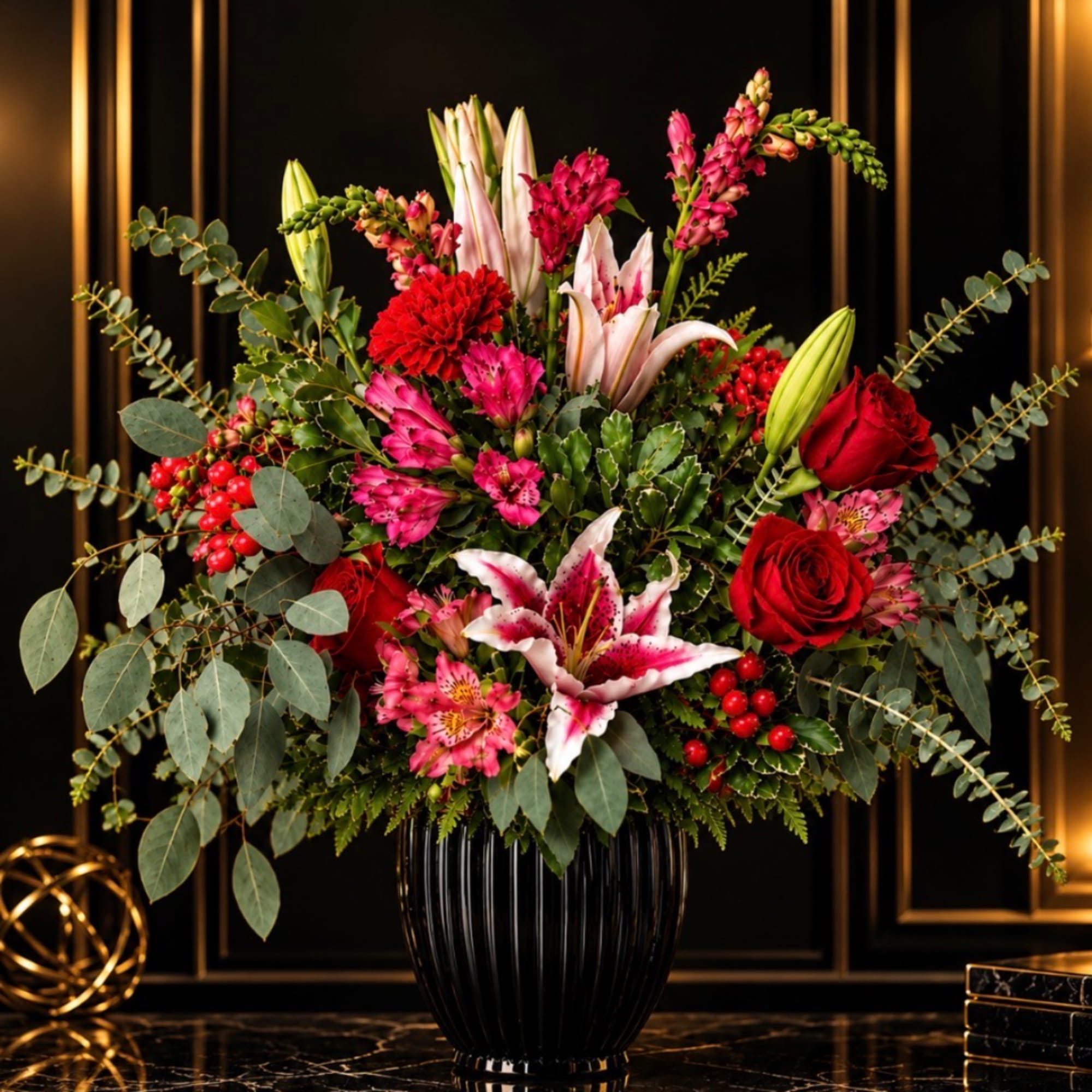 Red roses and pink lilies arranged in a black vase