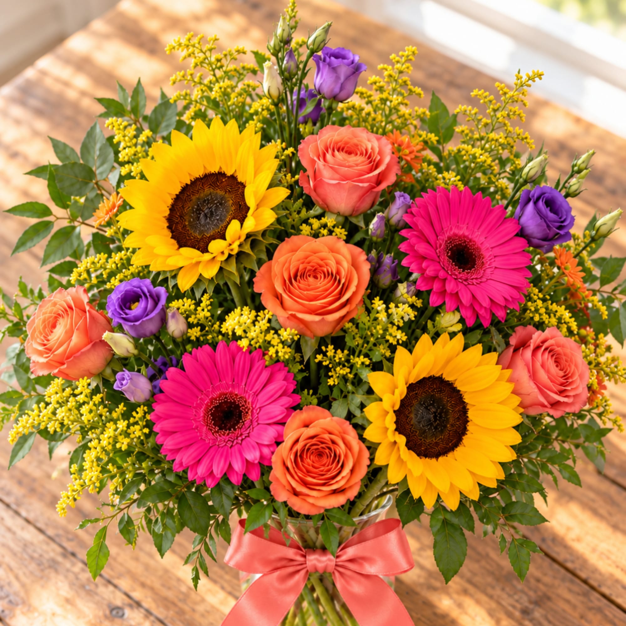 Bright mixed bouquet with sunflowers, roses, and gerbera daisies in a glass vase, photo 2 of 3