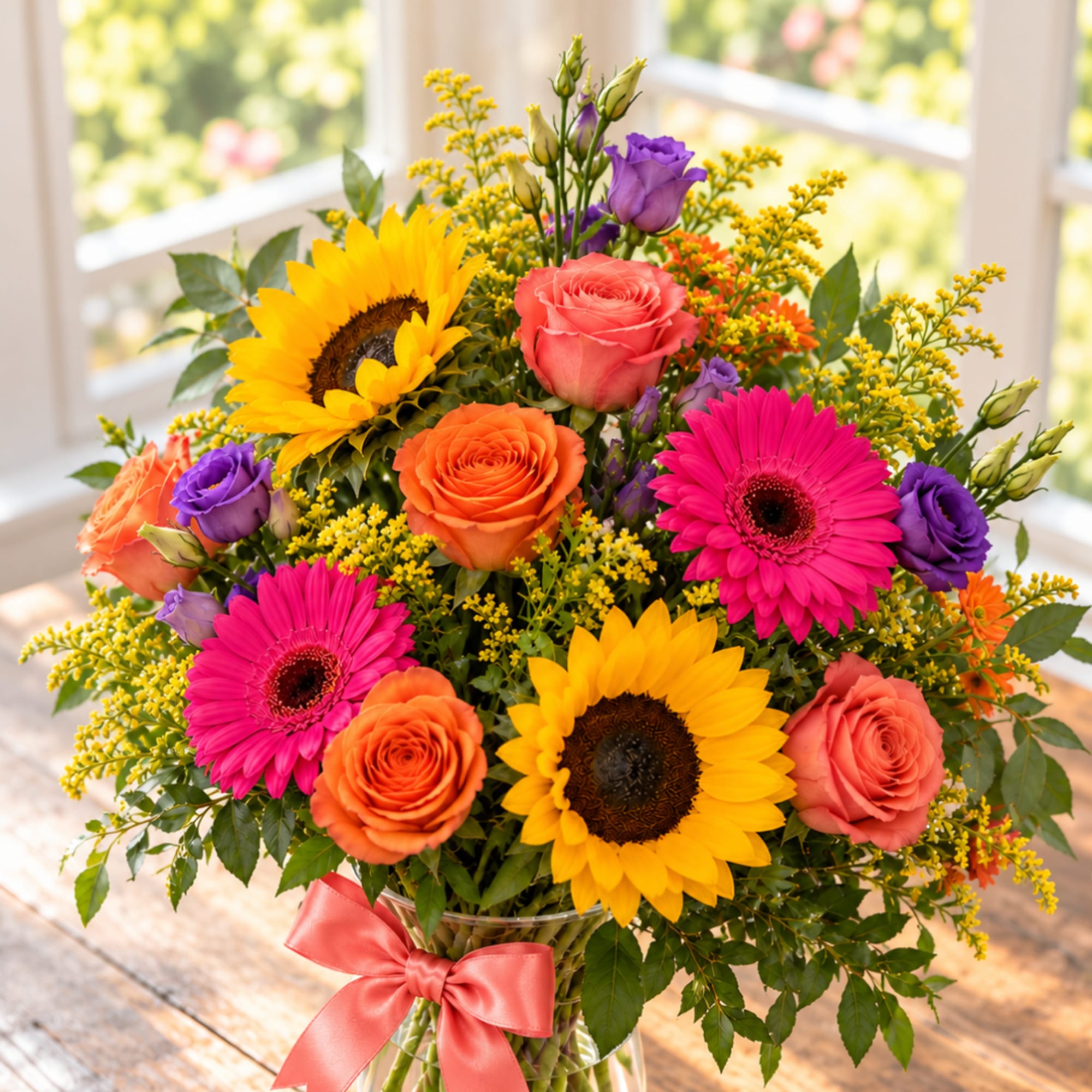 Bright mixed bouquet with sunflowers, roses, and gerbera daisies in a glass vase, photo 3 of 3