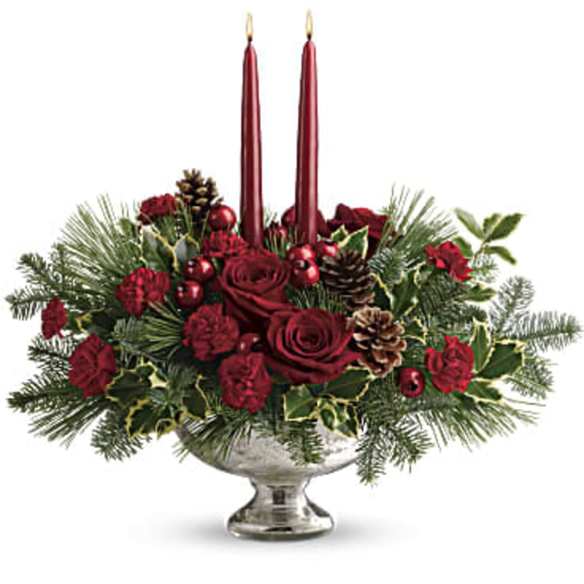 Deck the halls with this elegant centerpiece of rich red roses and