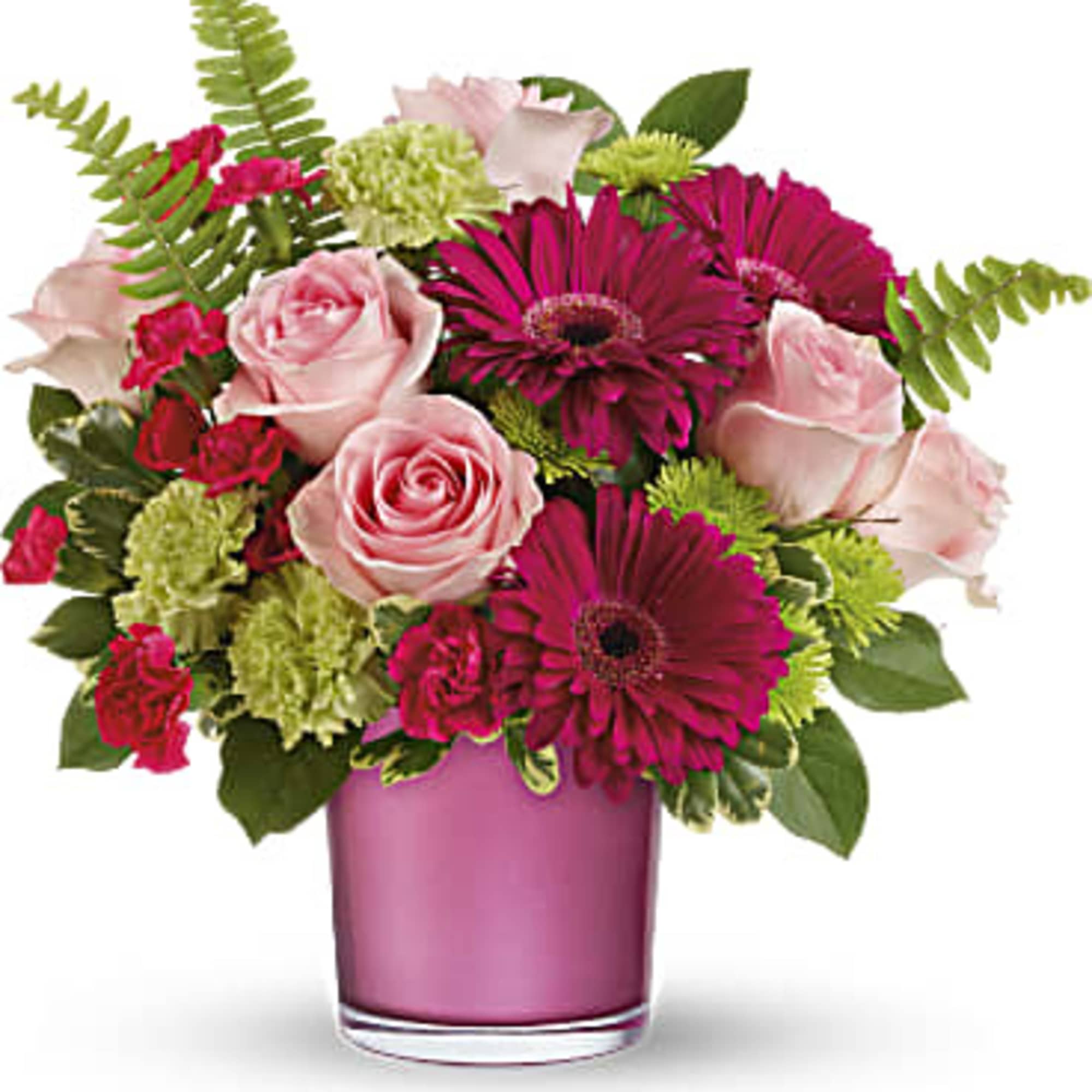 Pretty in pink! Soft pink roses and cheerful gerberas pop perfectly against, photo 3 of 3