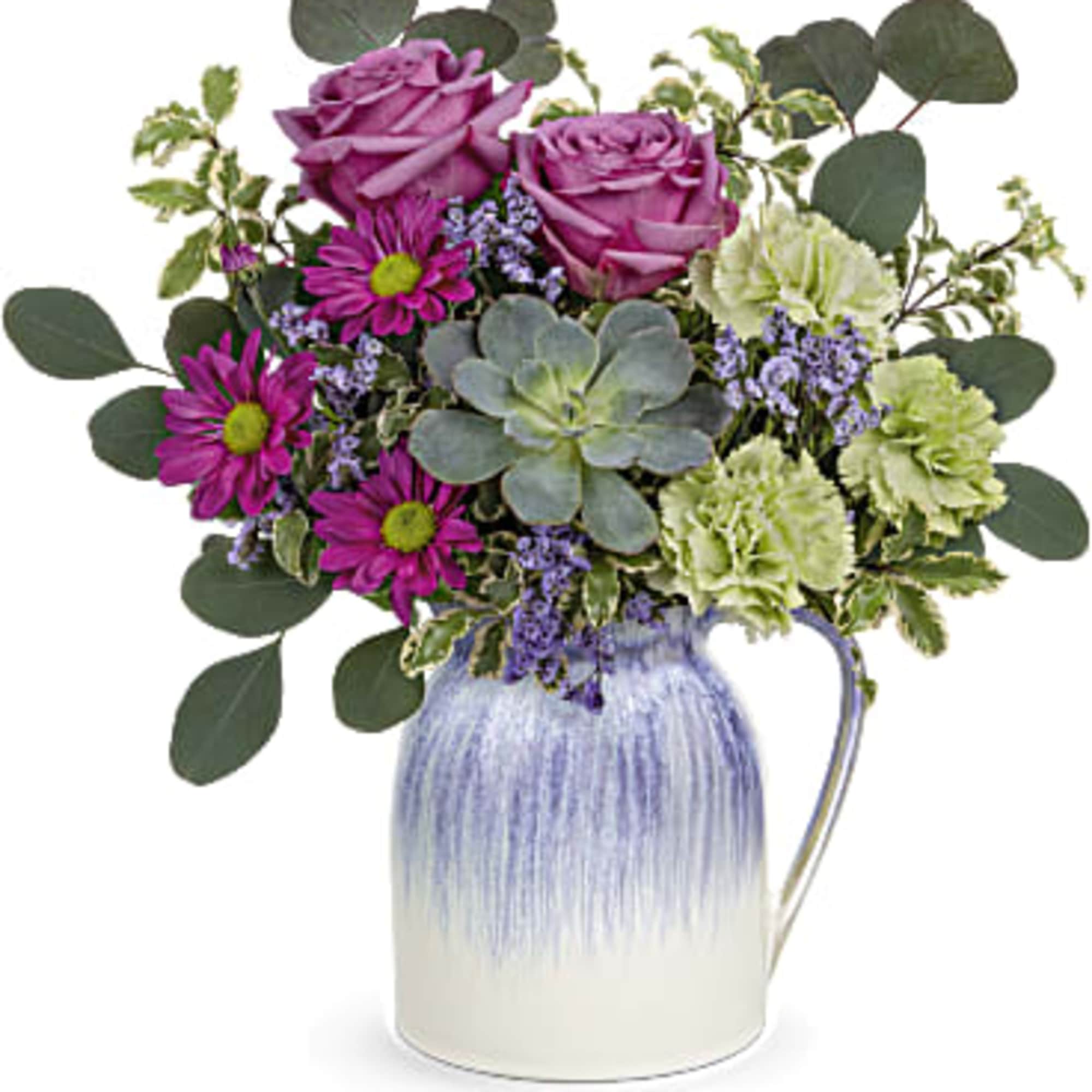 Pitcher perfect! Finished with an iridescent glaze, this food-safe ceramic pitcher lends