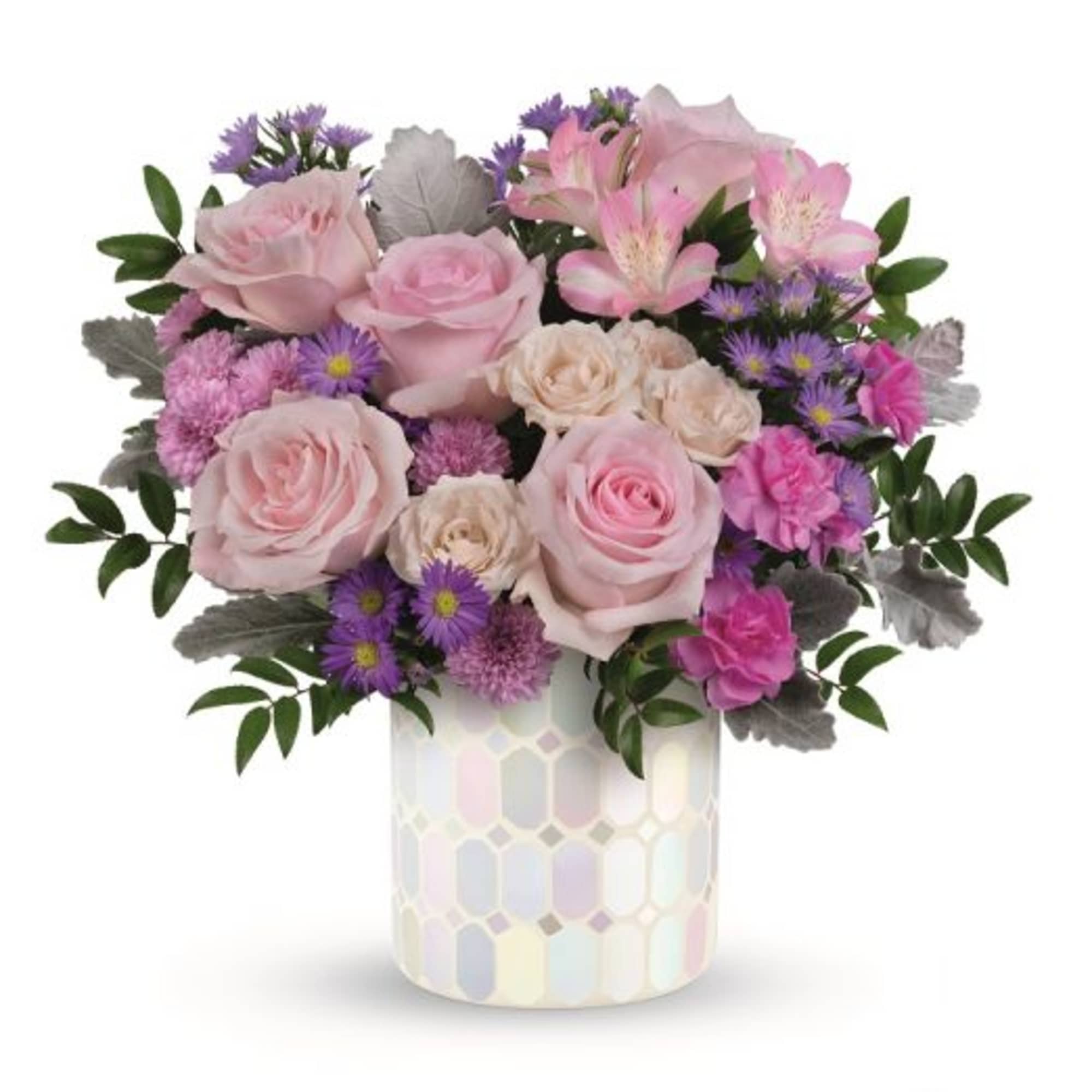 Pink and purple mixed bouquet in a patterned vase