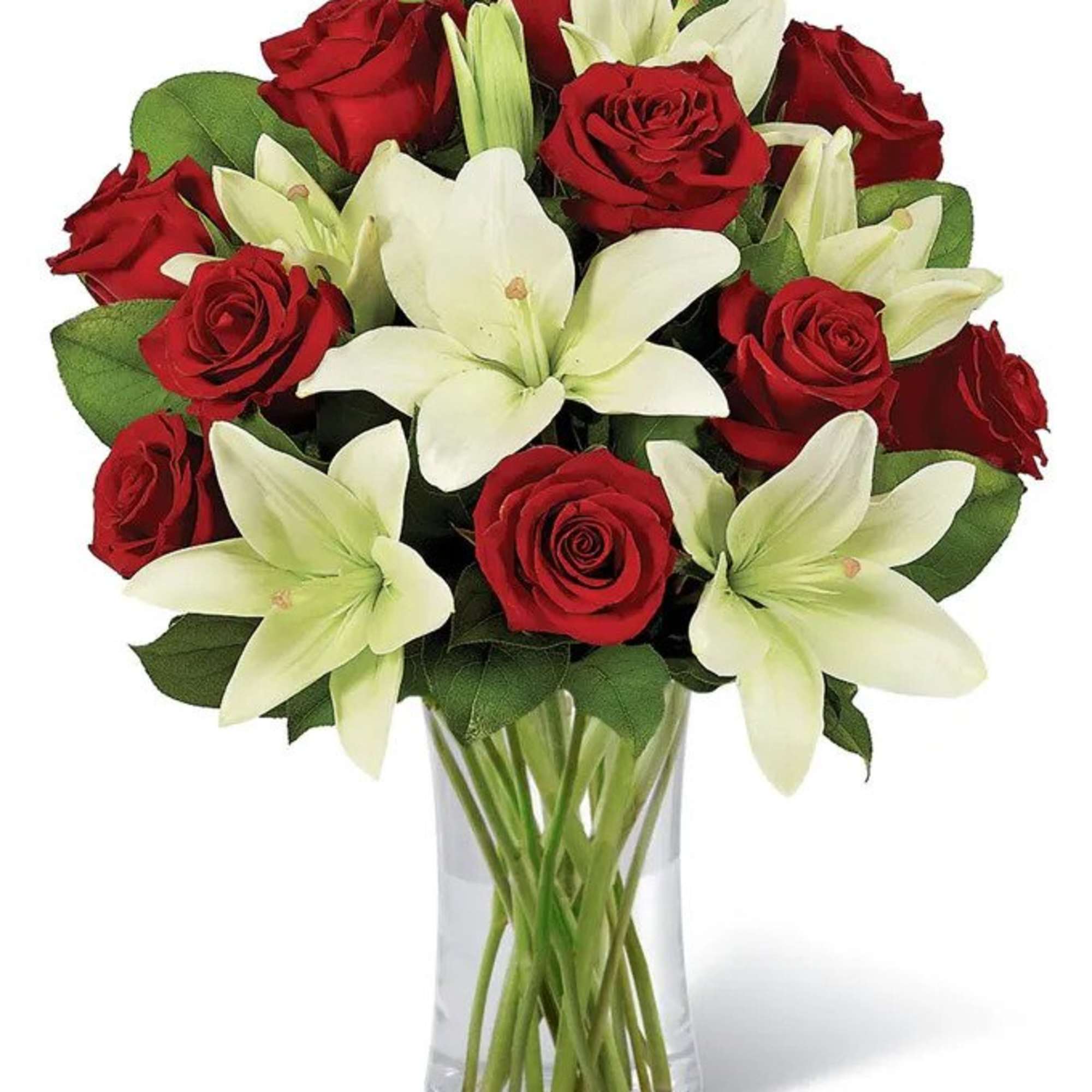 Red roses and white Asiatic lilies - express your feelings of love