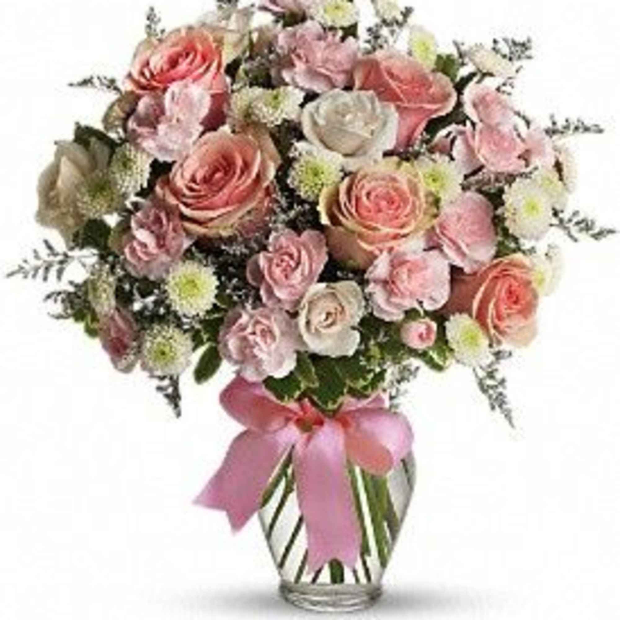 Pink and white rose bouquet in a striped glass vase with a pink ribbon