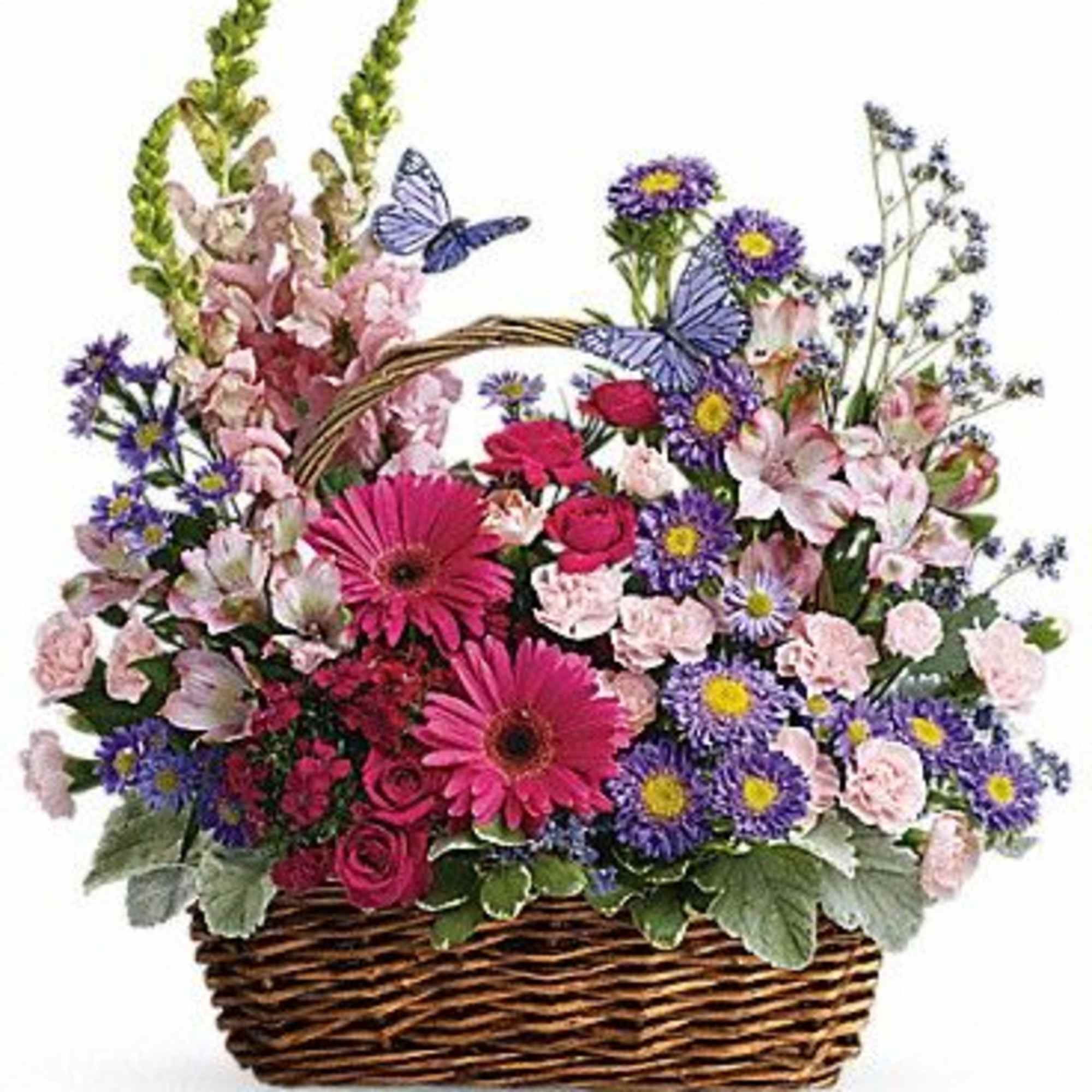 Basket arrangement of pink and purple flowers with butterflies