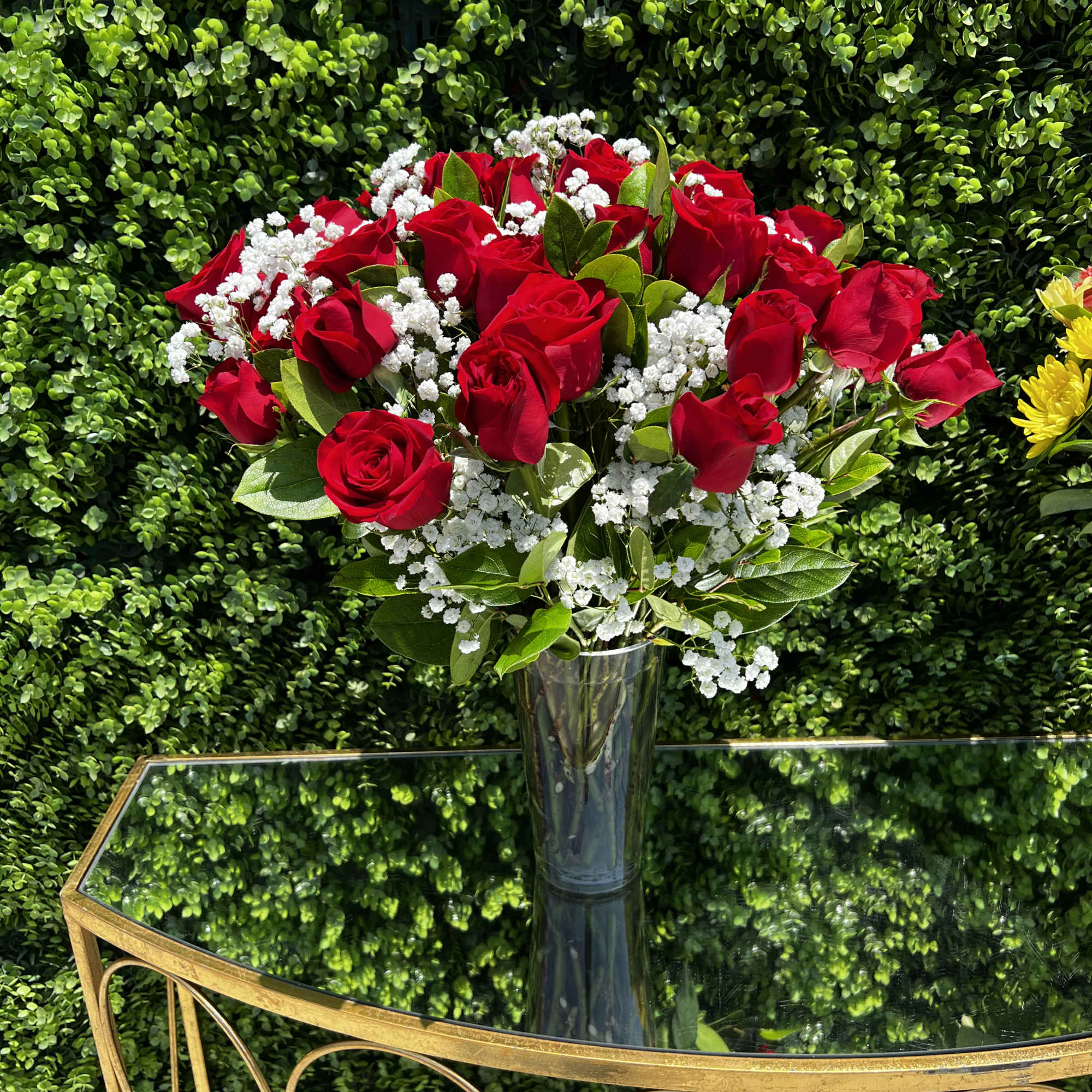 24 red roses in our cone vase with baby&rsquo;s breath , lush, photo 2 of 3