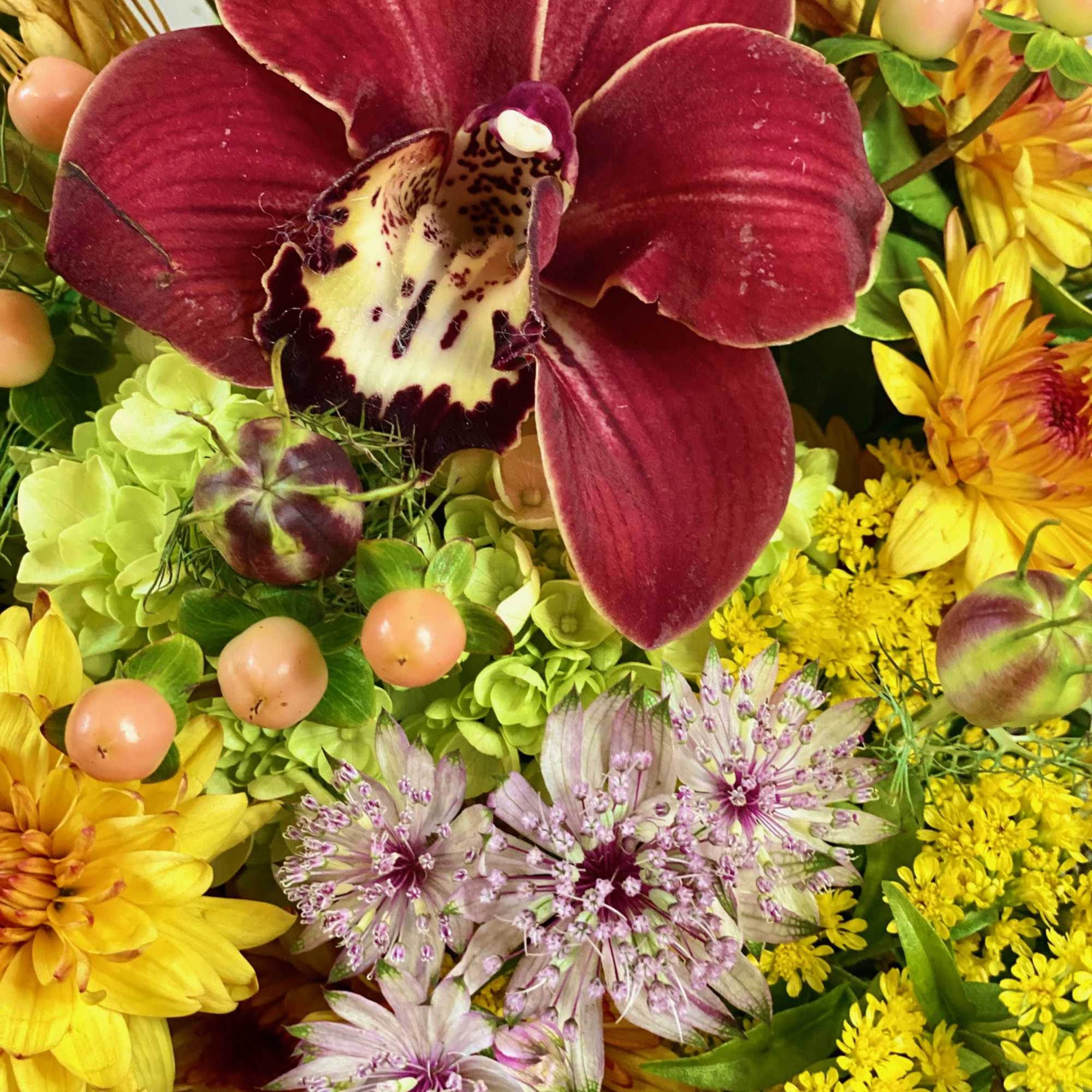Close-up bouquet with a burgundy orchid and yellow flowers