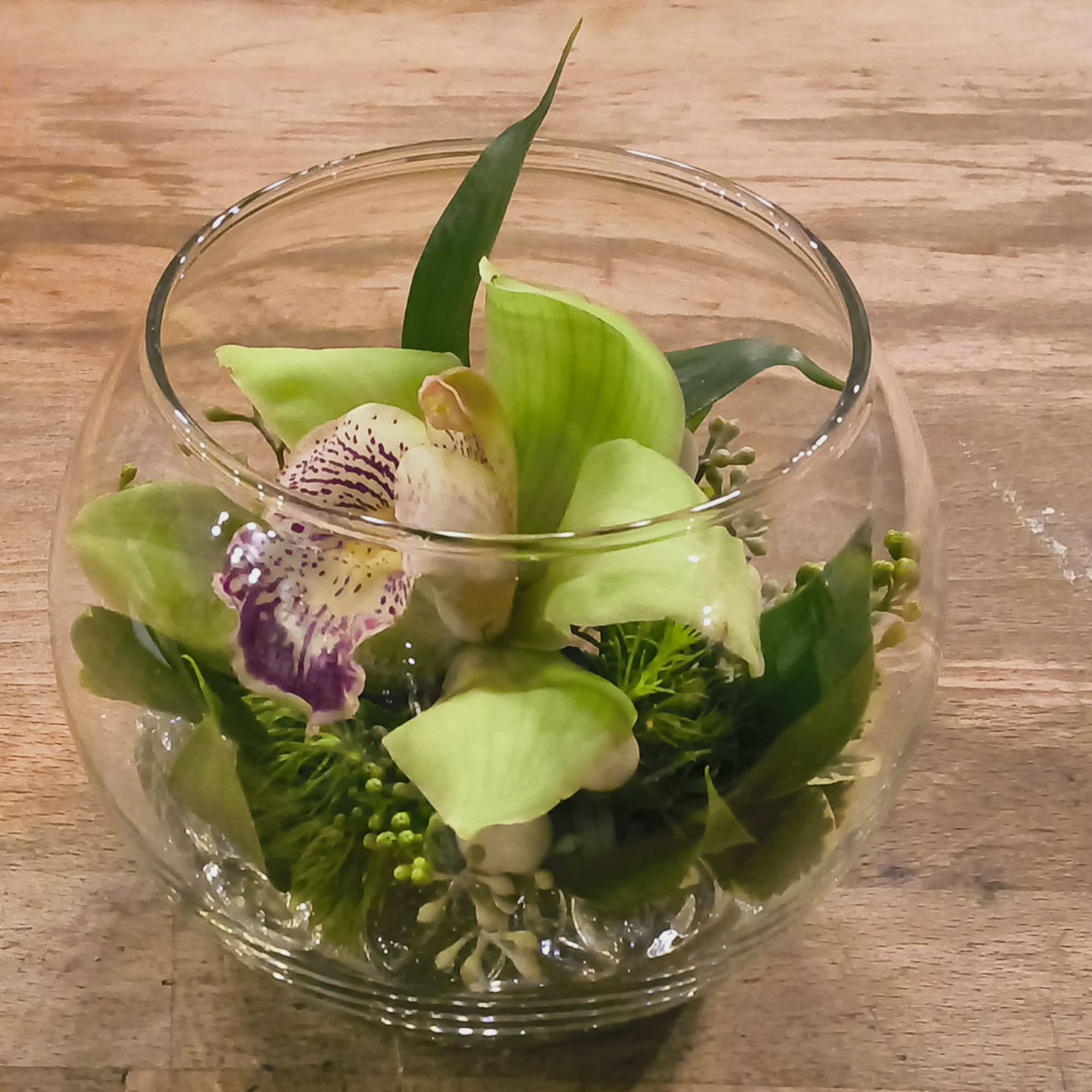 Green orchid arrangement in a round glass bowl