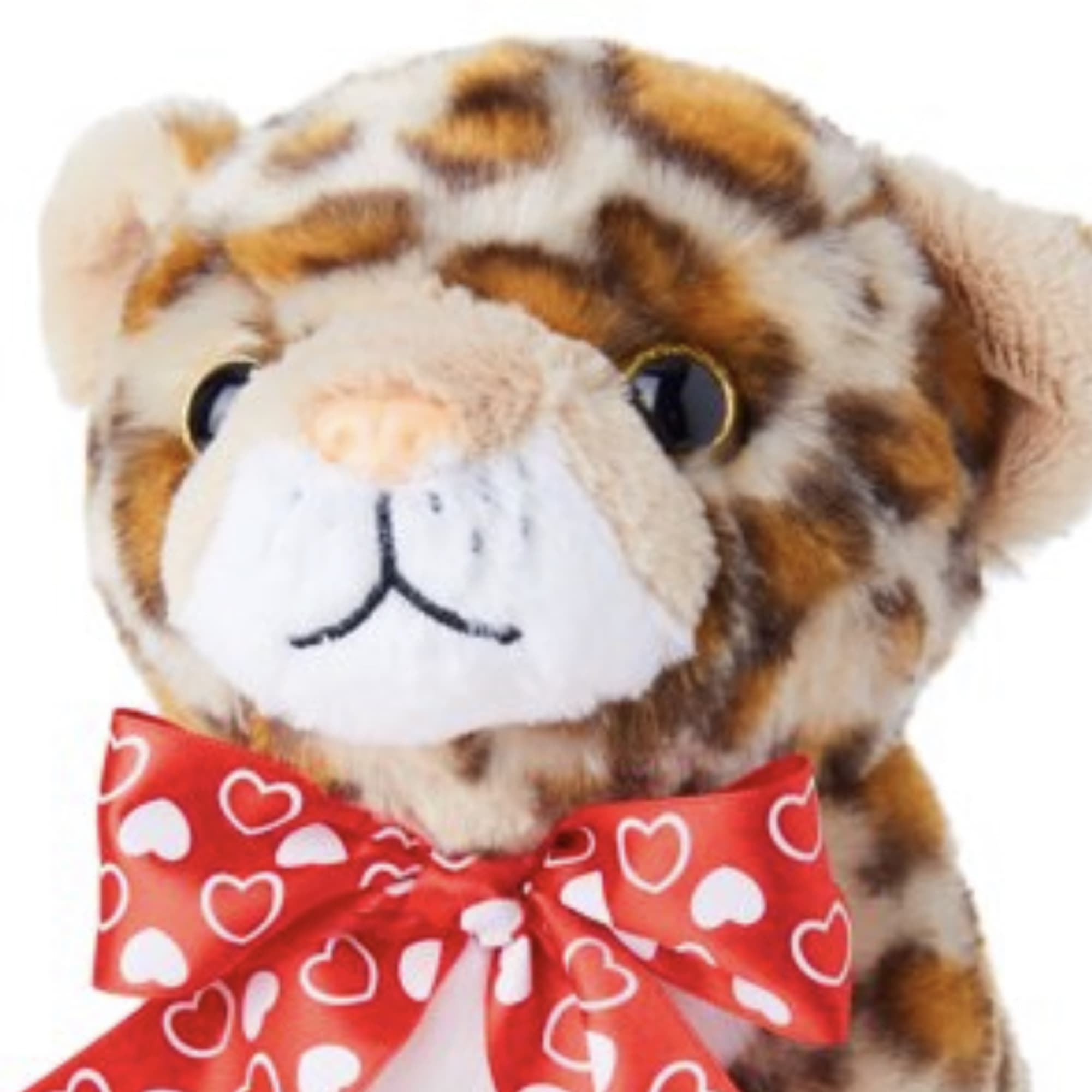 Plush leopard-print teddy bear with a red heart-patterned bow, photo 4 of 5