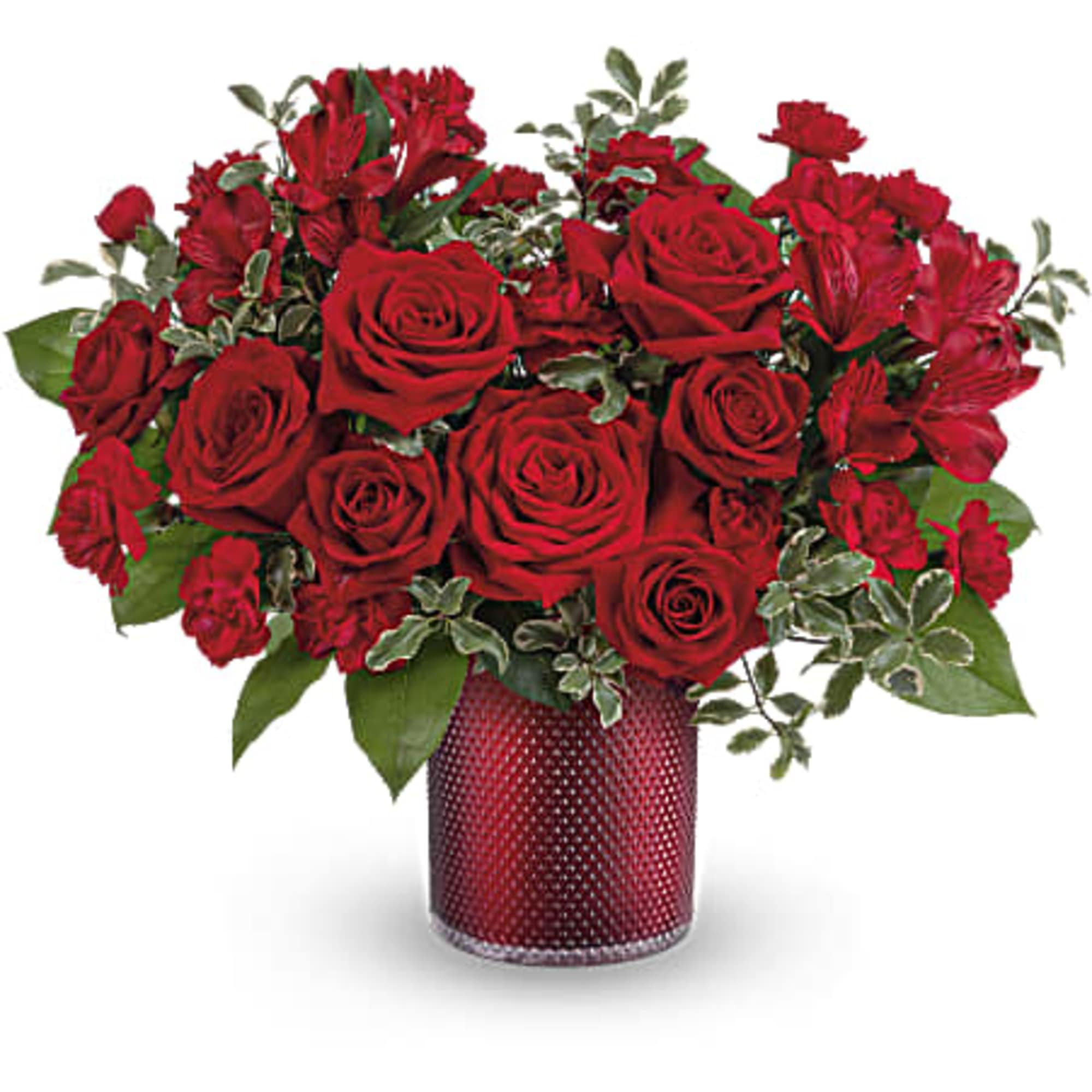 Red roses and alstroemeria in a red vase