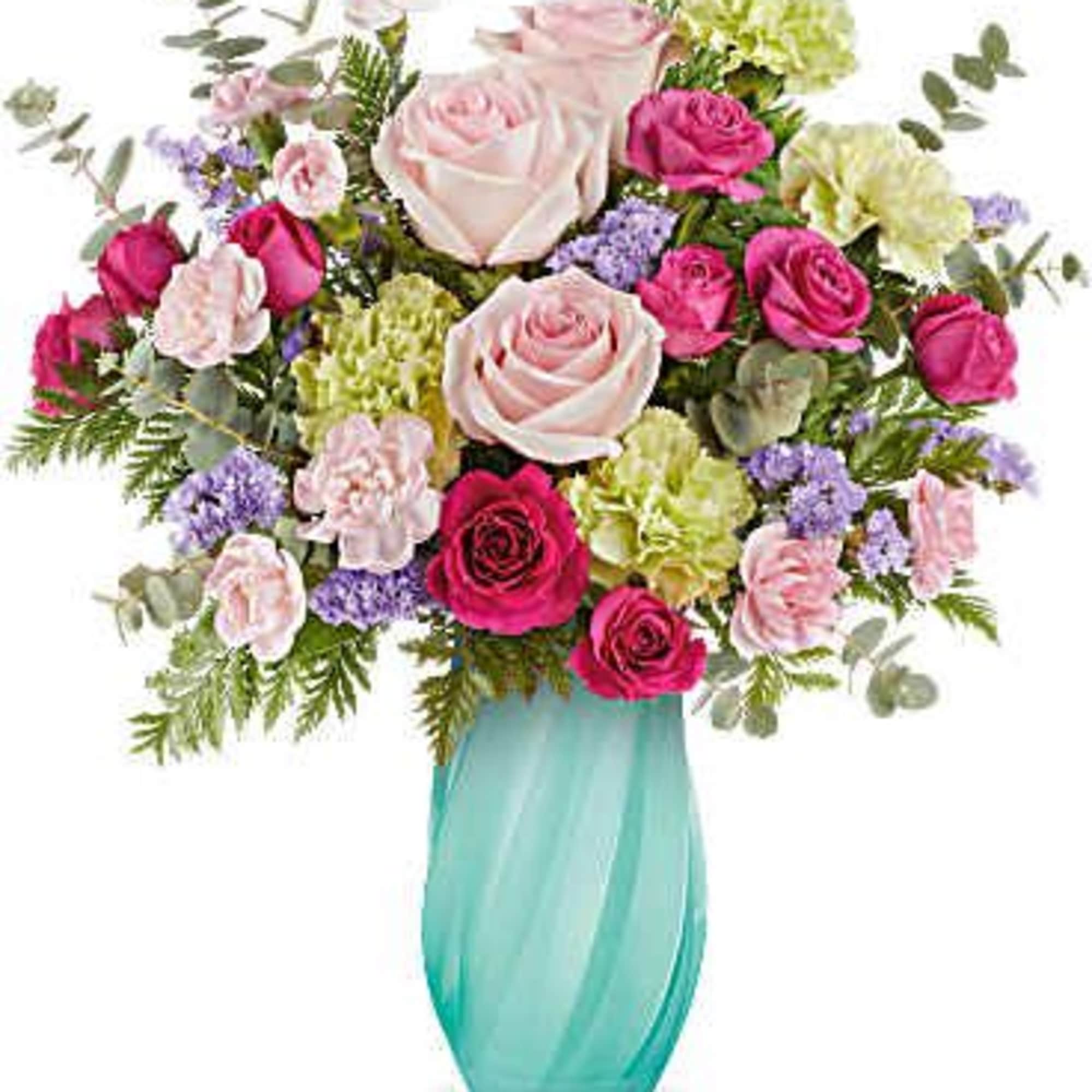 Pink and white rose bouquet in a turquoise vase