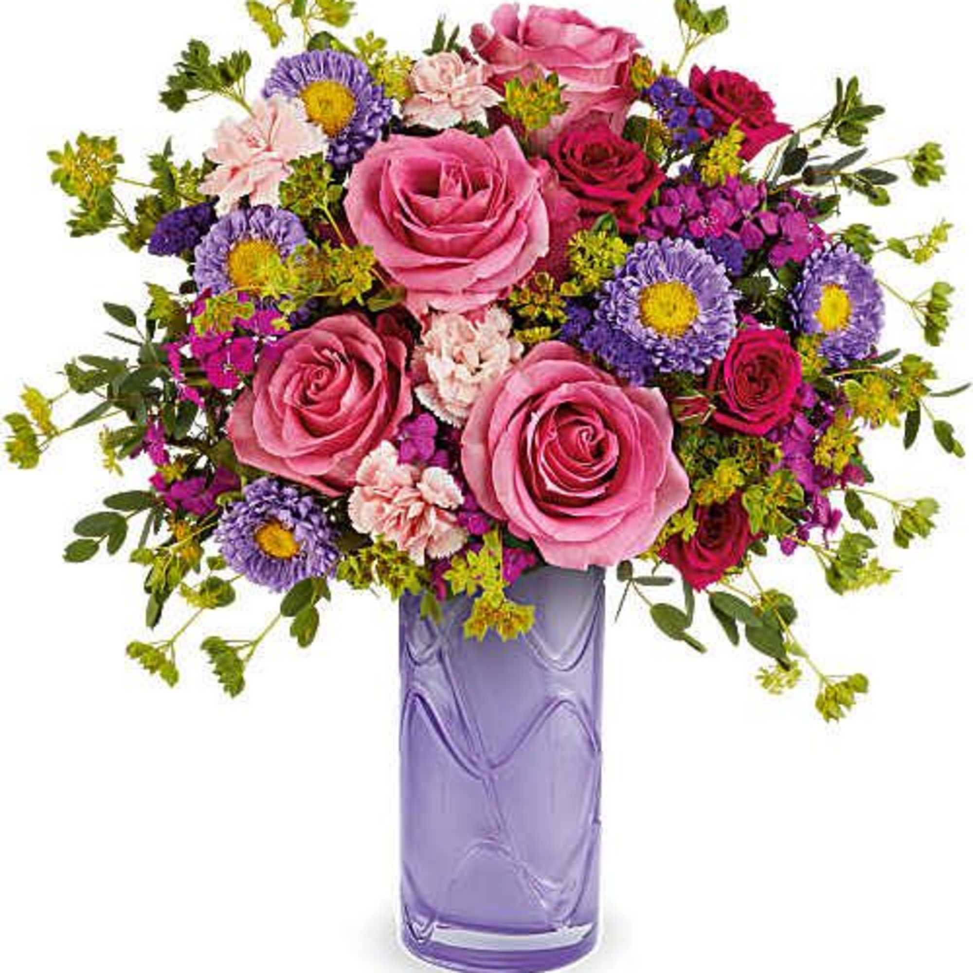 Mixed bouquet of pink roses and purple daisies in a lavender vase
