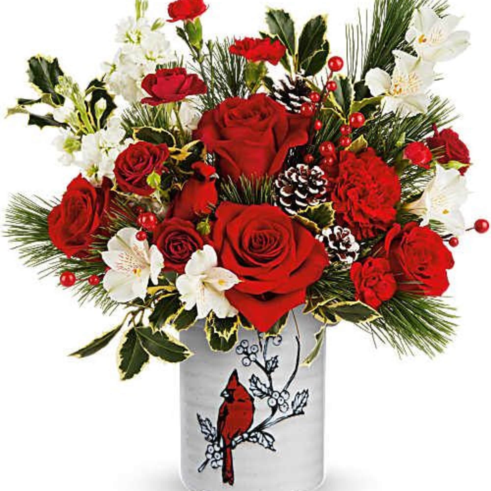 Teleflora's Woodland Cardinal Bouquet is a festive winter favorite! Red roses and