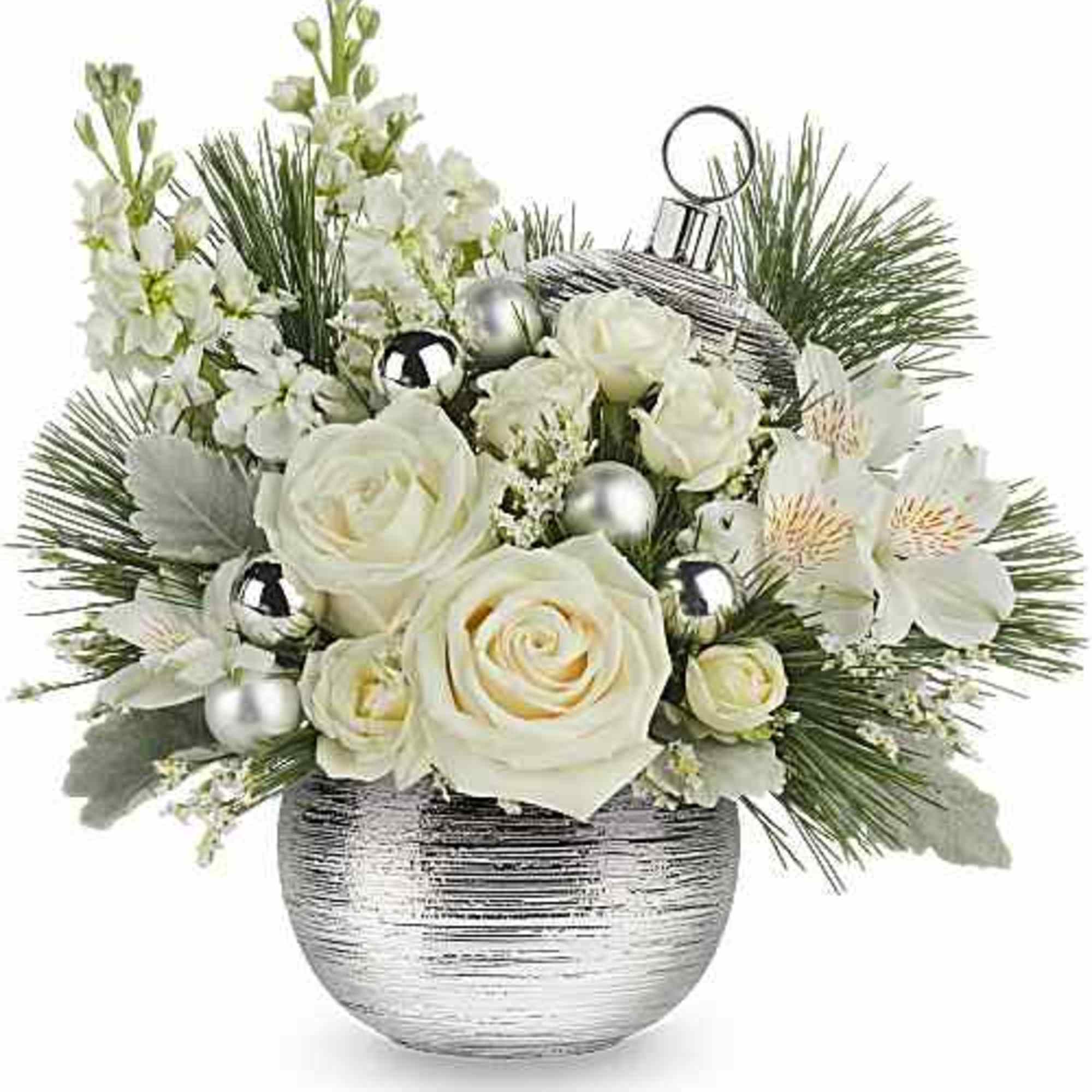 Teleflora's Silver Snowball Bouquet brings a cool, elegant look to the holidays.