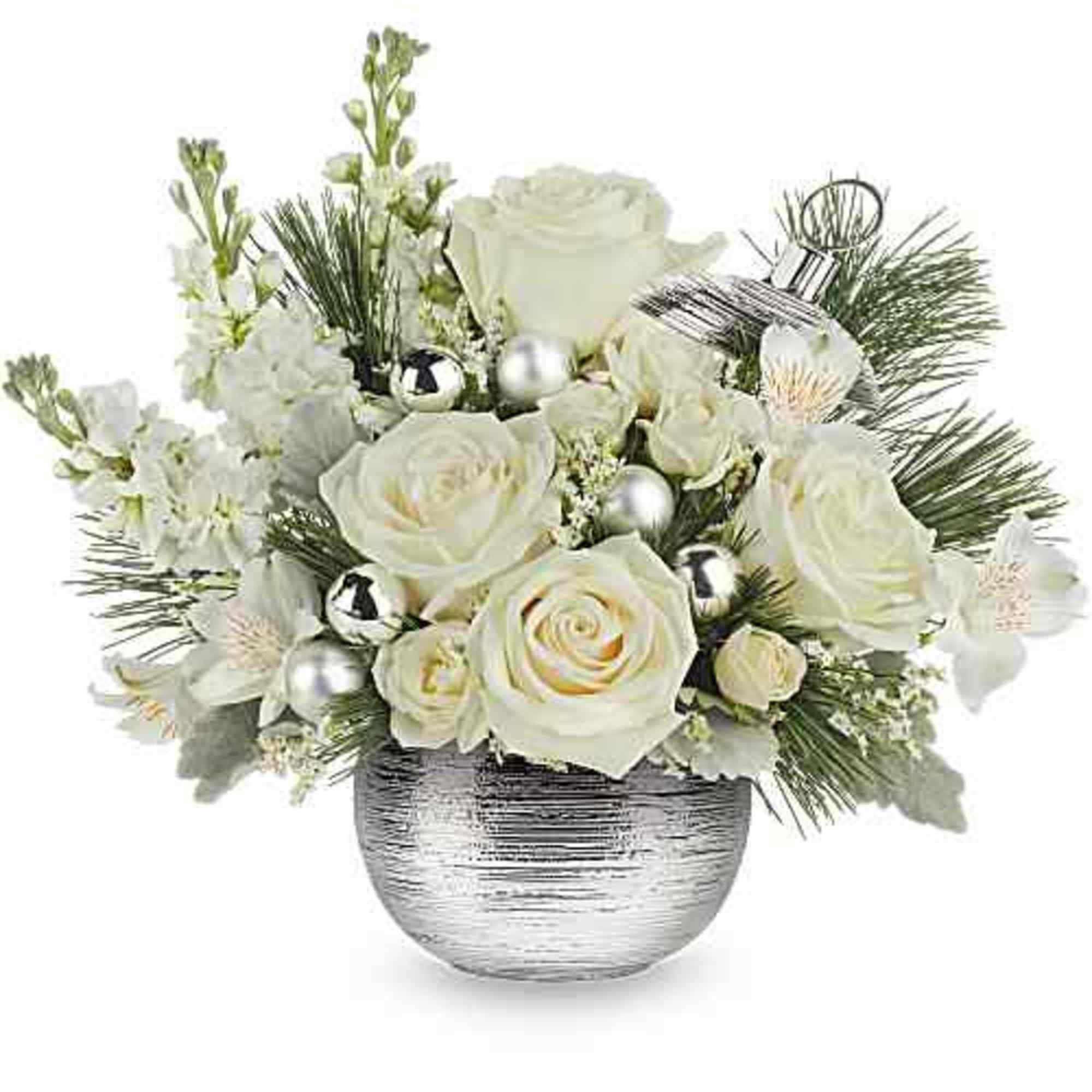 Teleflora's Silver Snowball Bouquet brings a cool, elegant look to the holidays.