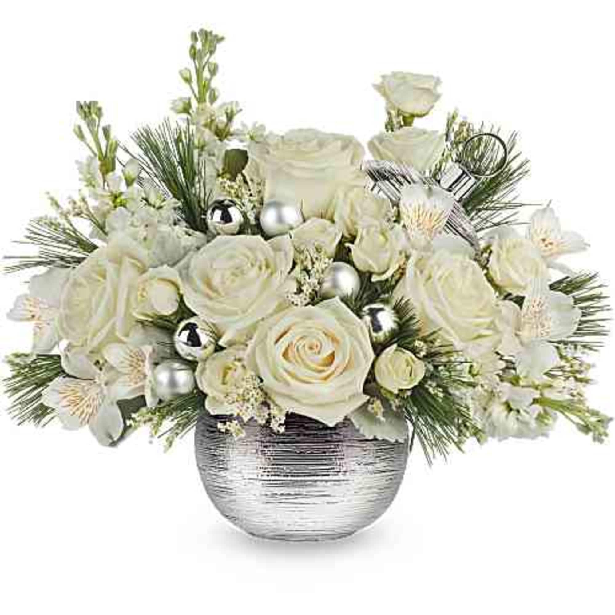 Teleflora's Silver Snowball Bouquet brings a cool, elegant look to the holidays.