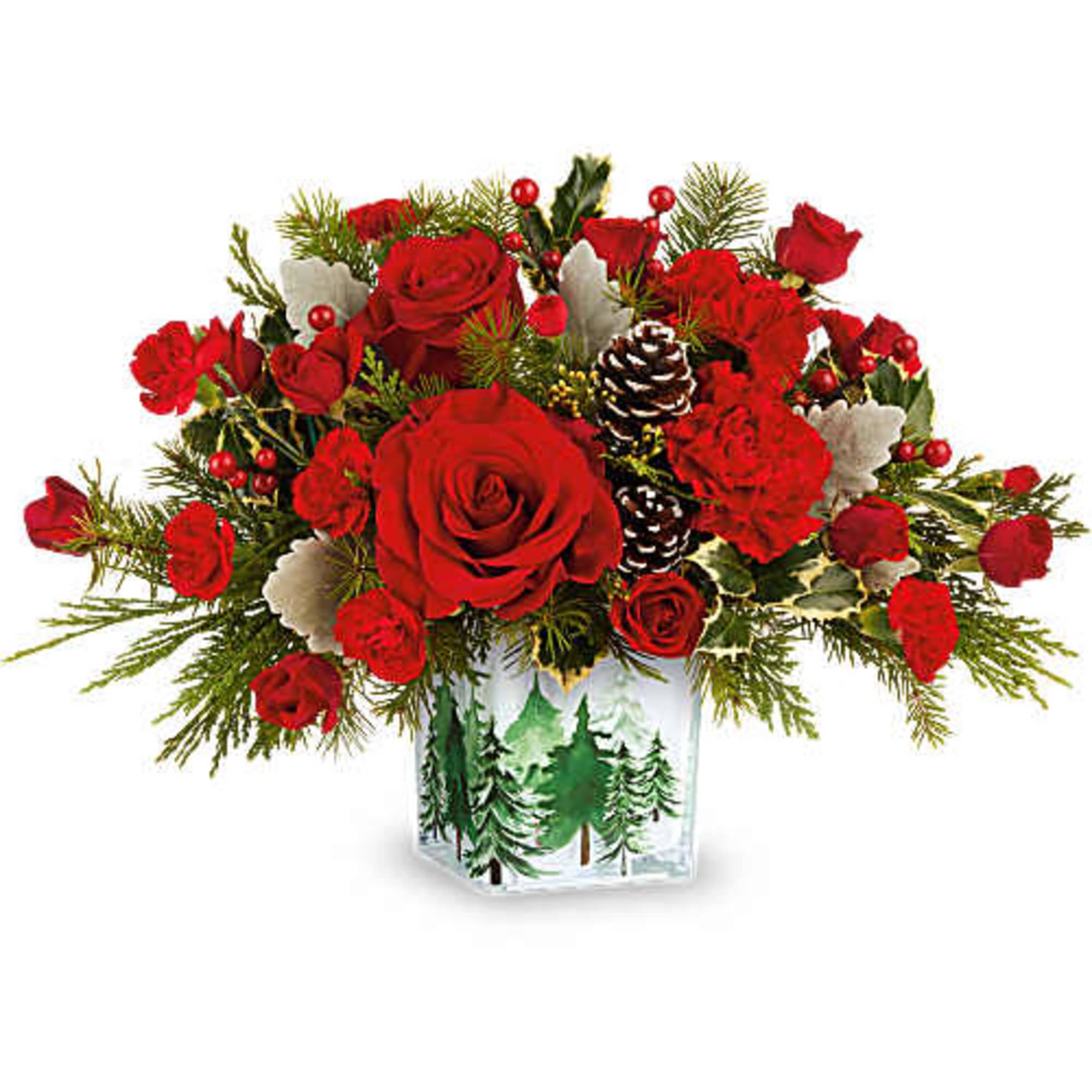 Red roses and carnations in a holiday vase with pinecones