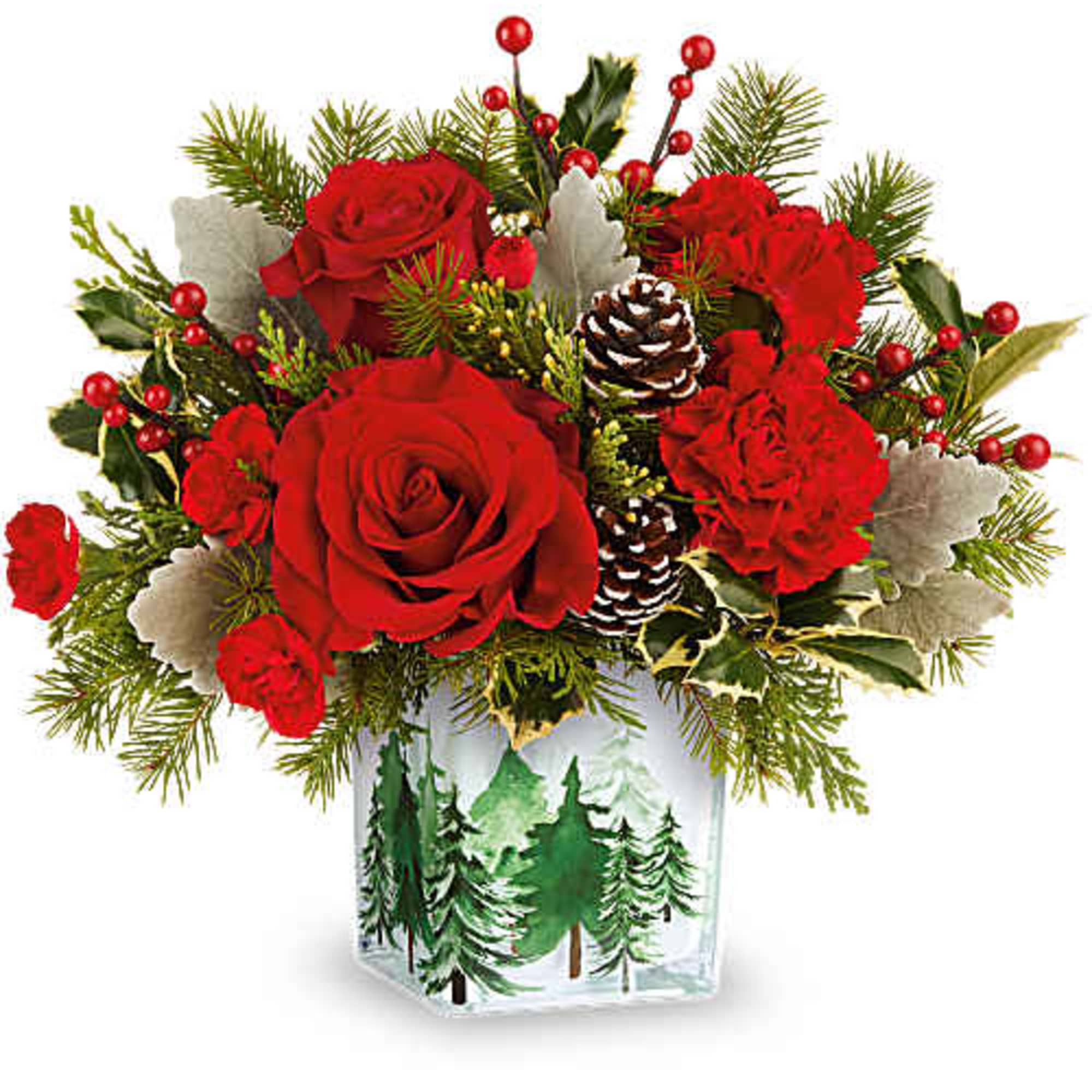 Red roses and carnations in a winter vase with pinecones