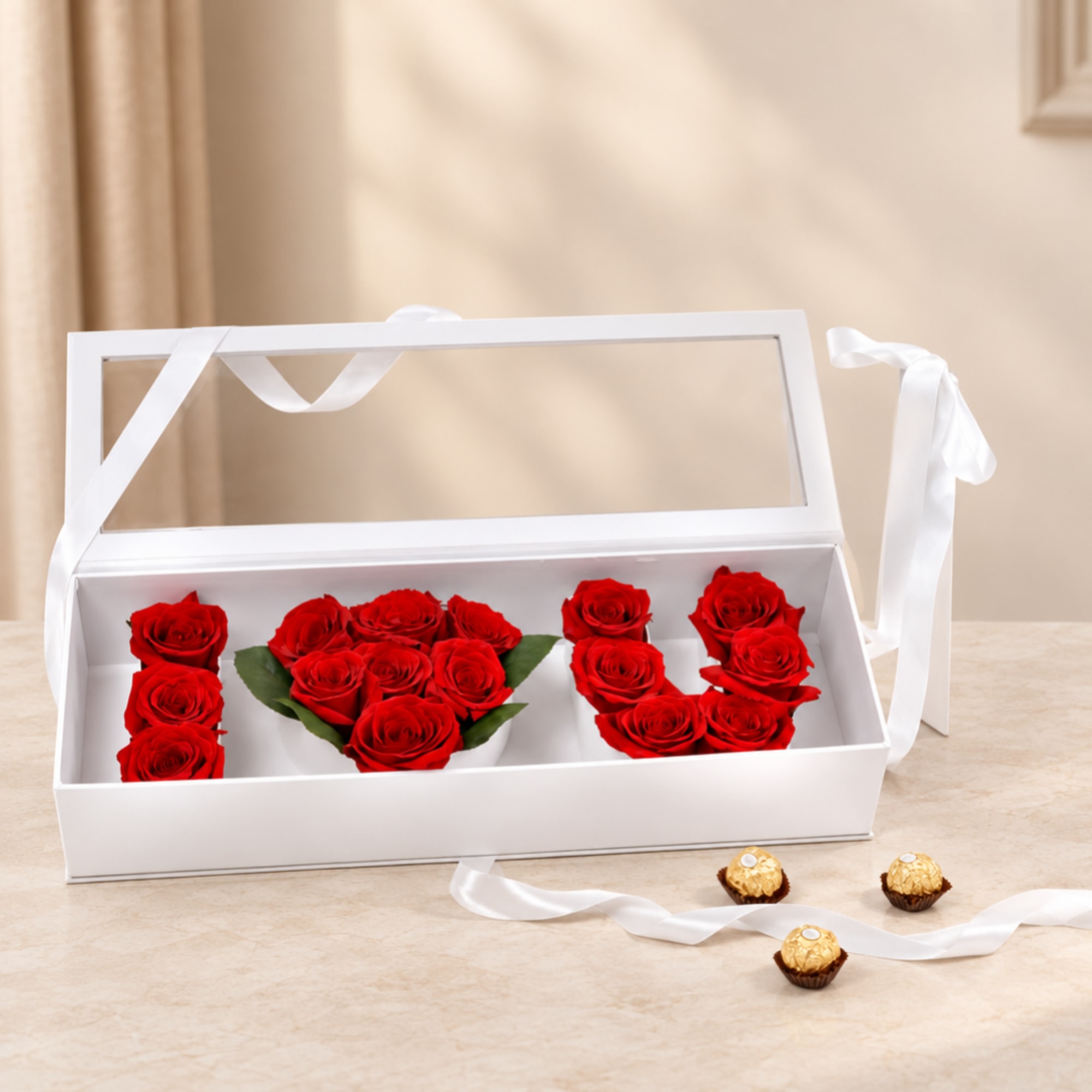 Red roses arranged in a white gift box with ribbon and chocolates nearby