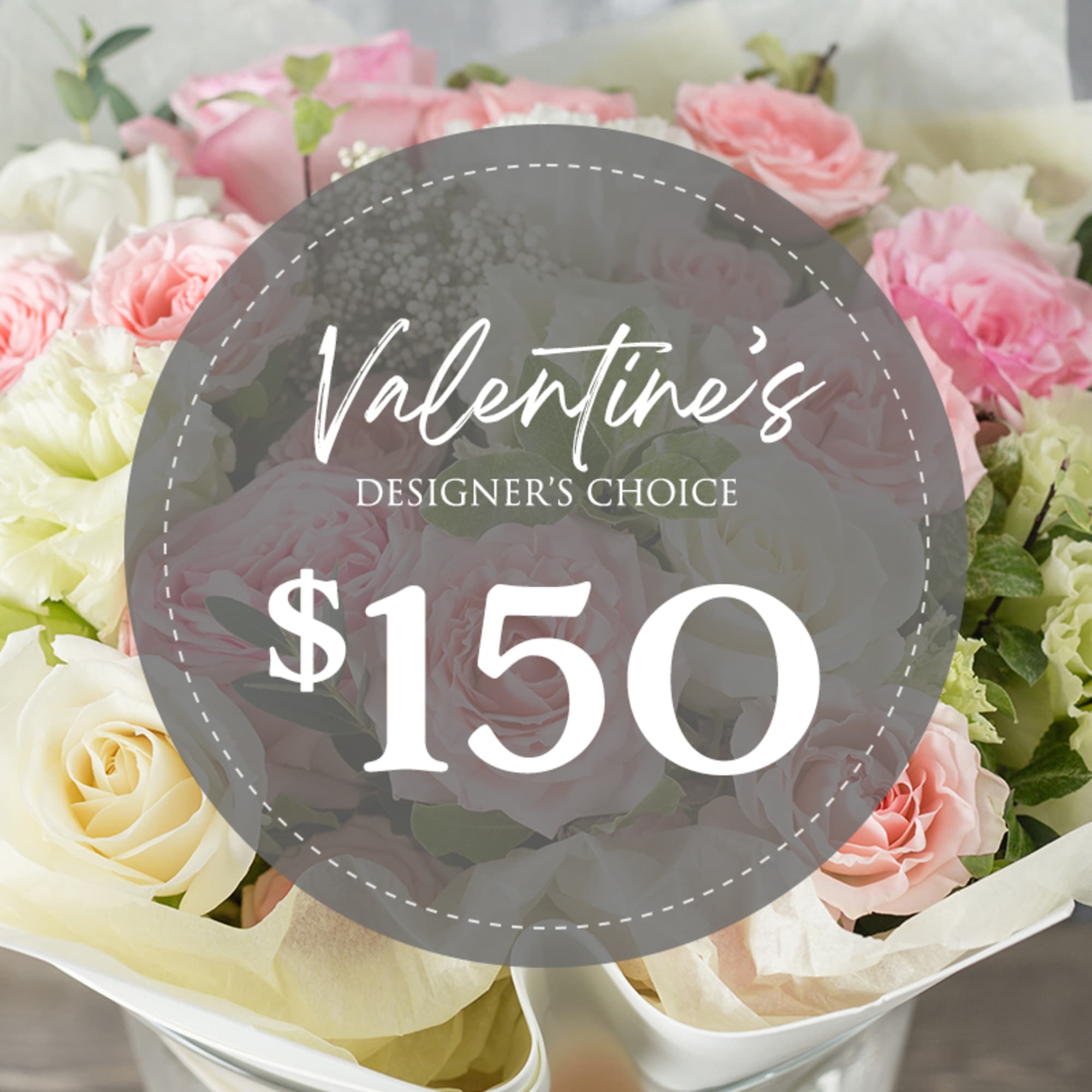 Bouquet of pink and white roses with a Valentine’s Day label