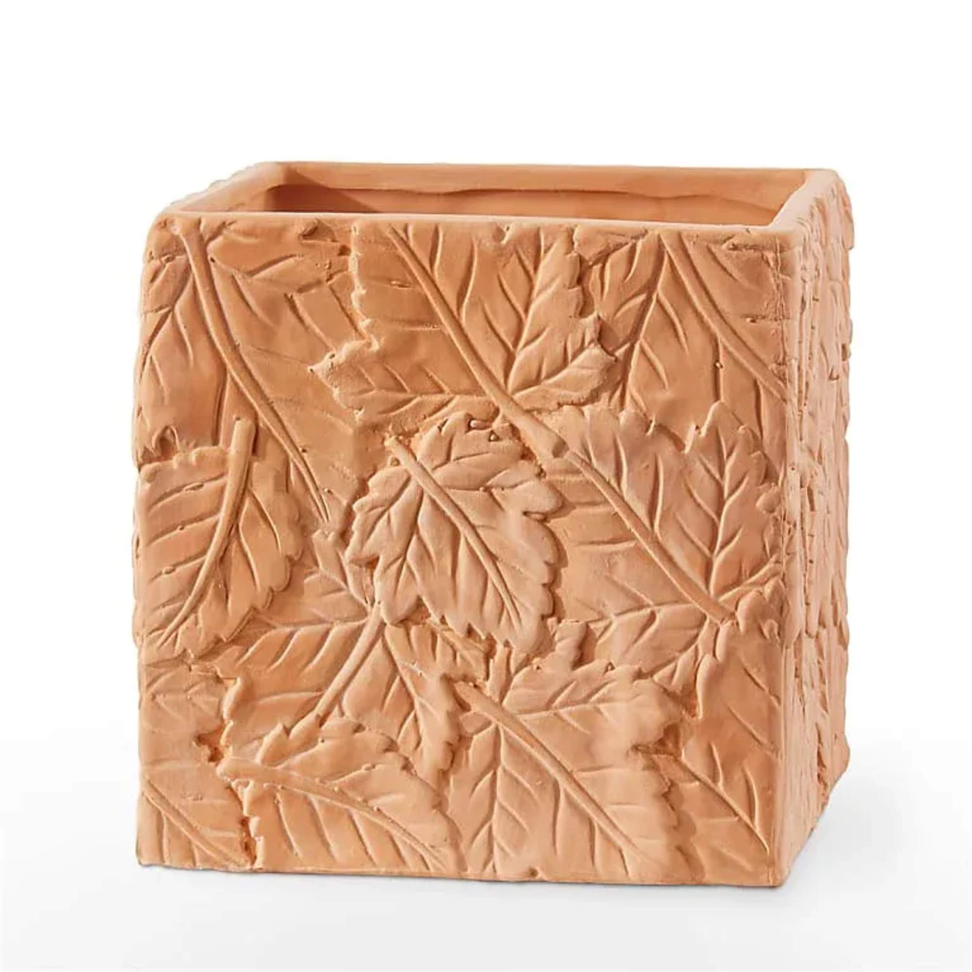 Square terracotta planter with embossed leaf pattern