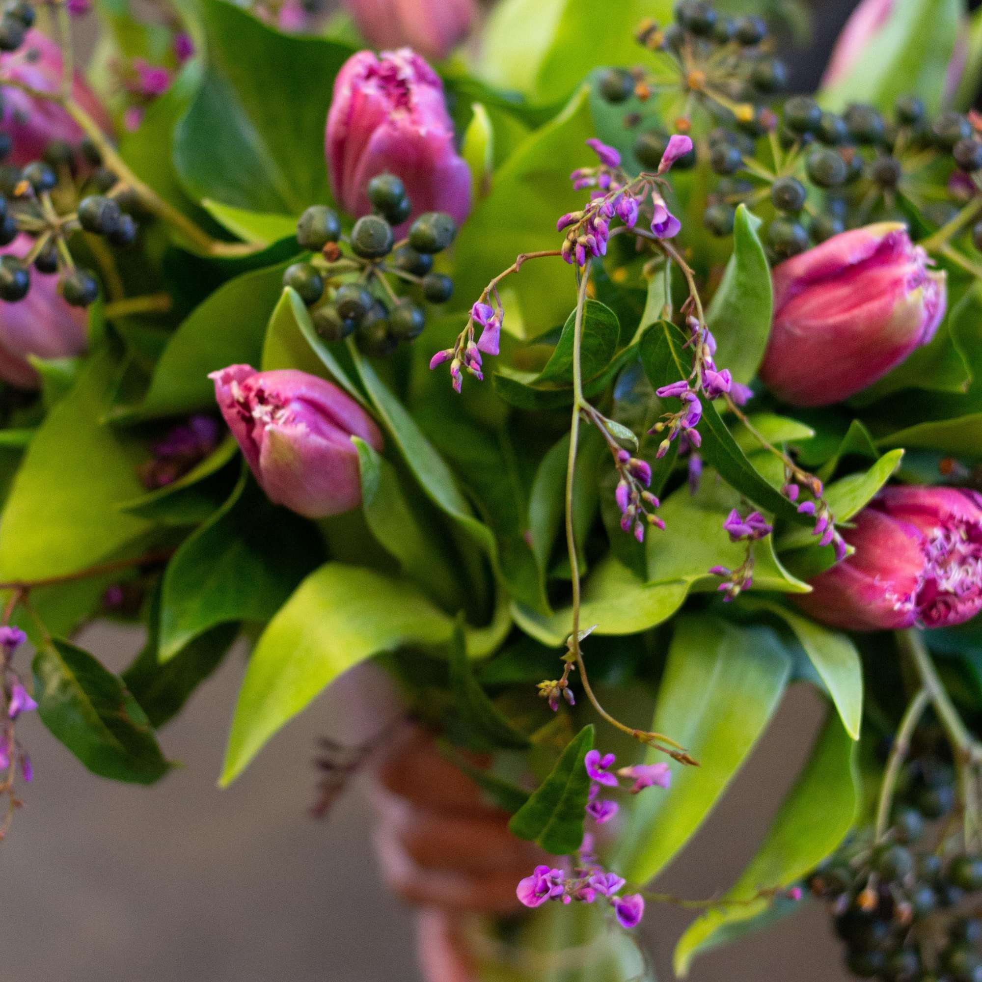 Pink tulips with purple accents and green foliage in a bouquet