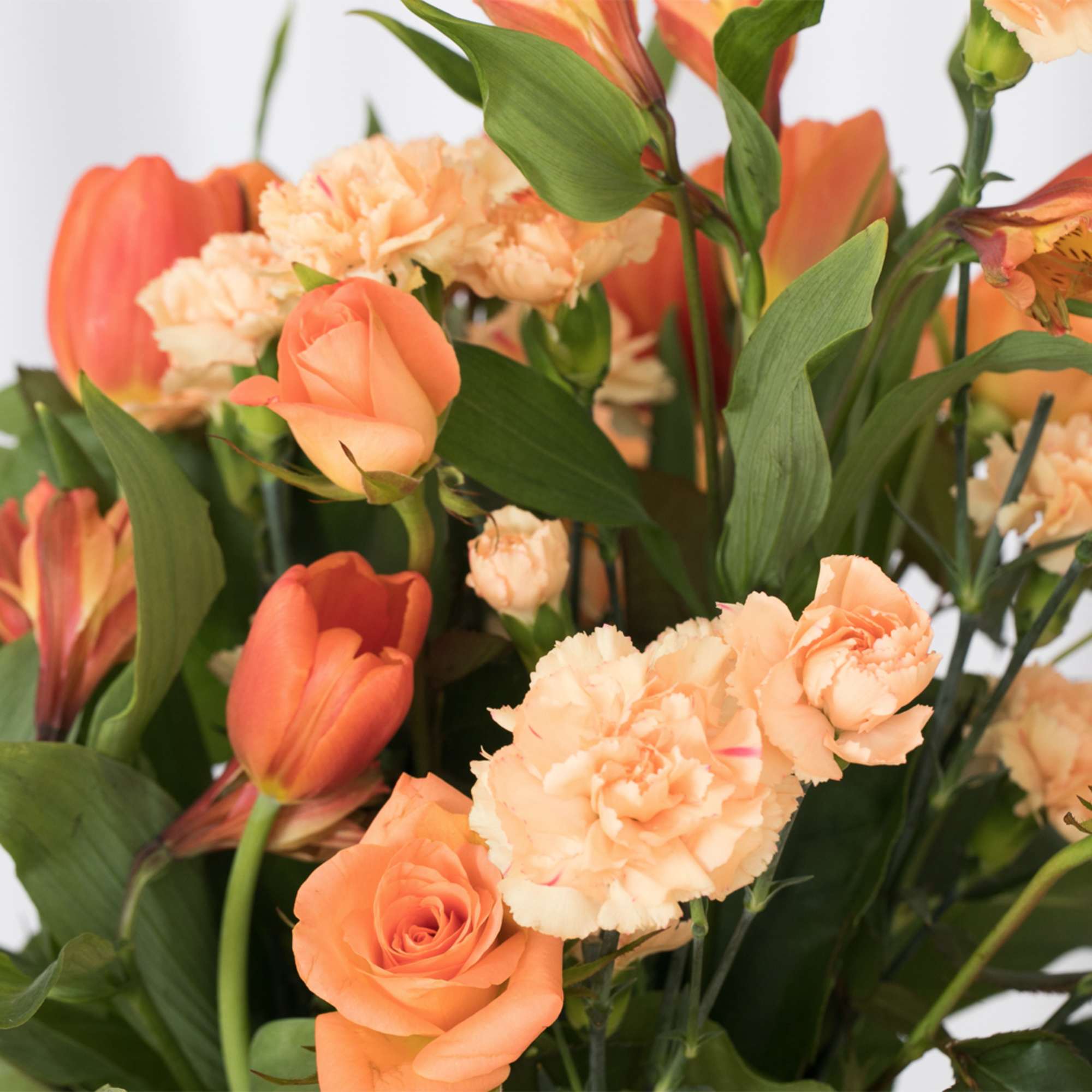 Arrangement of peach roses, carnations, and orange tulips with leafy accents