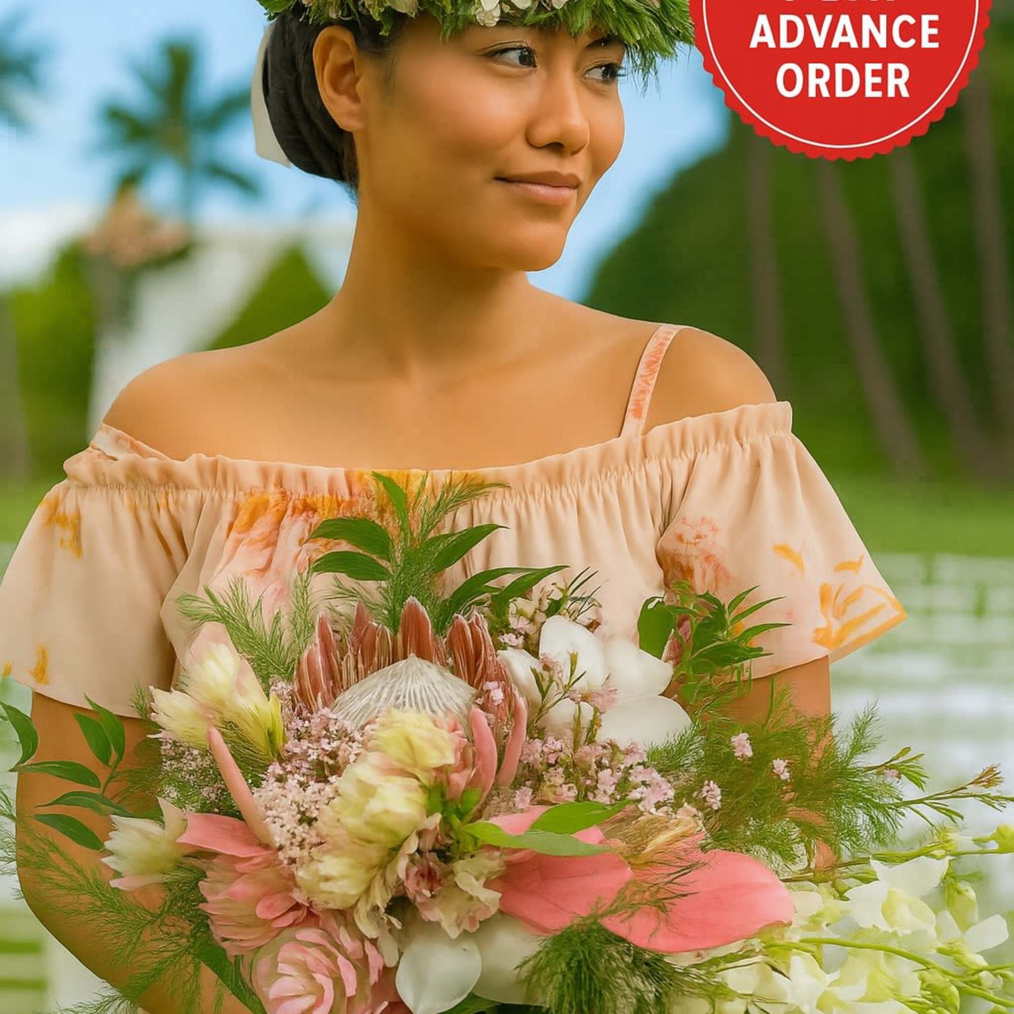 Woman wearing a floral crown and holding a large pink and white tropical bouquet outdoors