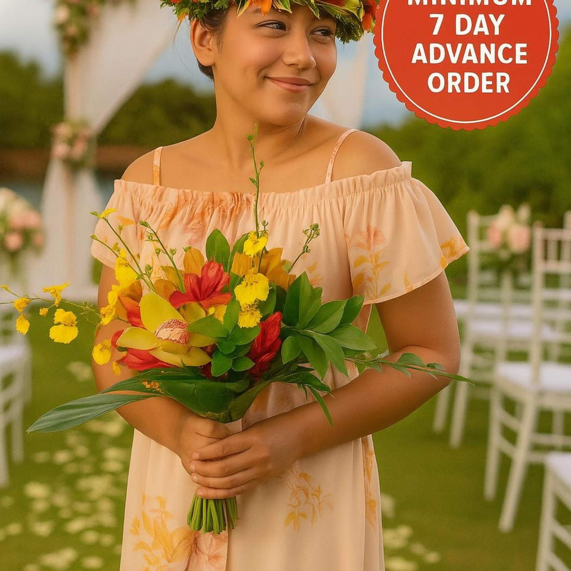 Woman in peach dress holding a tropical yellow and red bouquet with matching orange flower crown at an outdoor aisle.