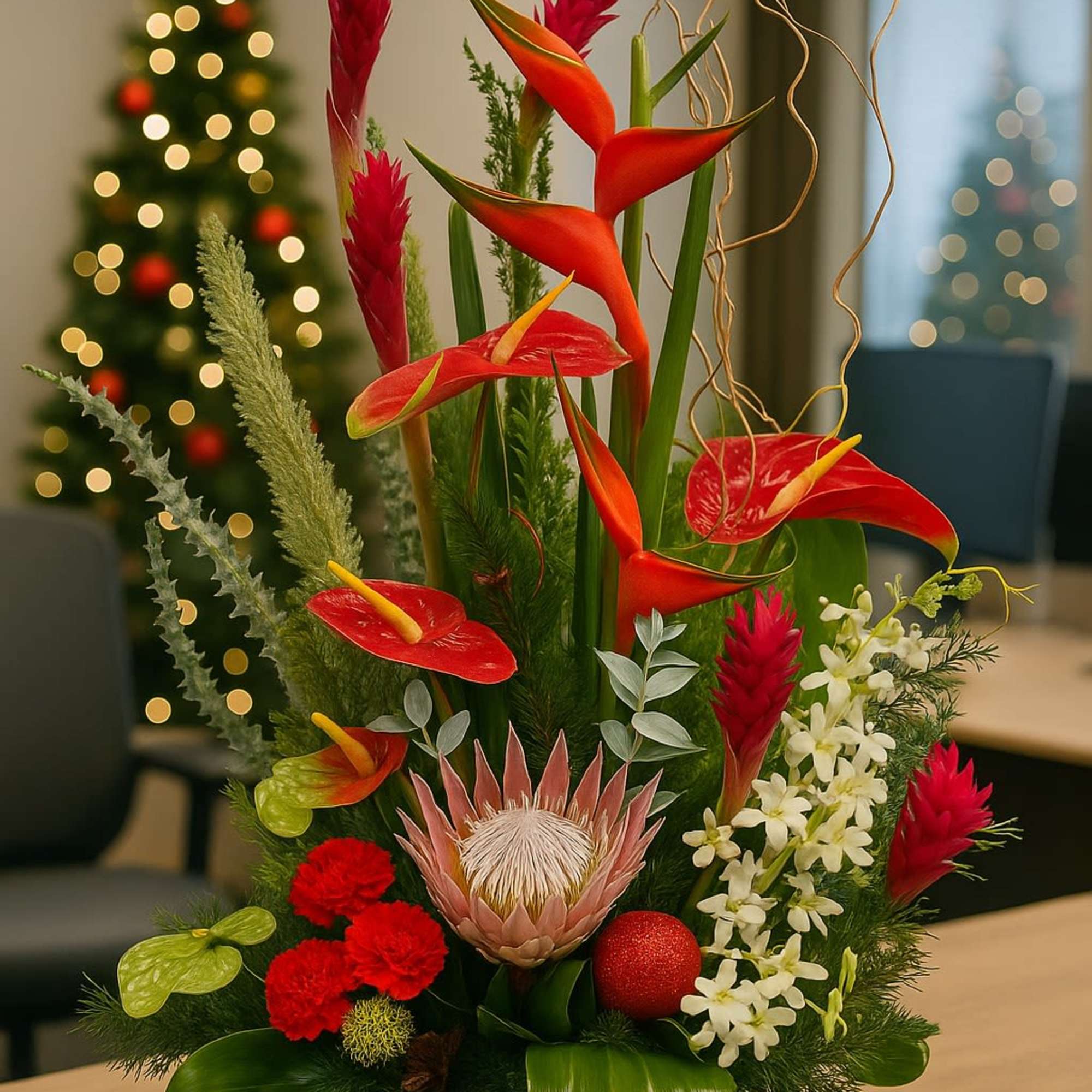Tall tropical arrangement with red and white flowers in a black container on a table, with a lit Christmas tree behind.