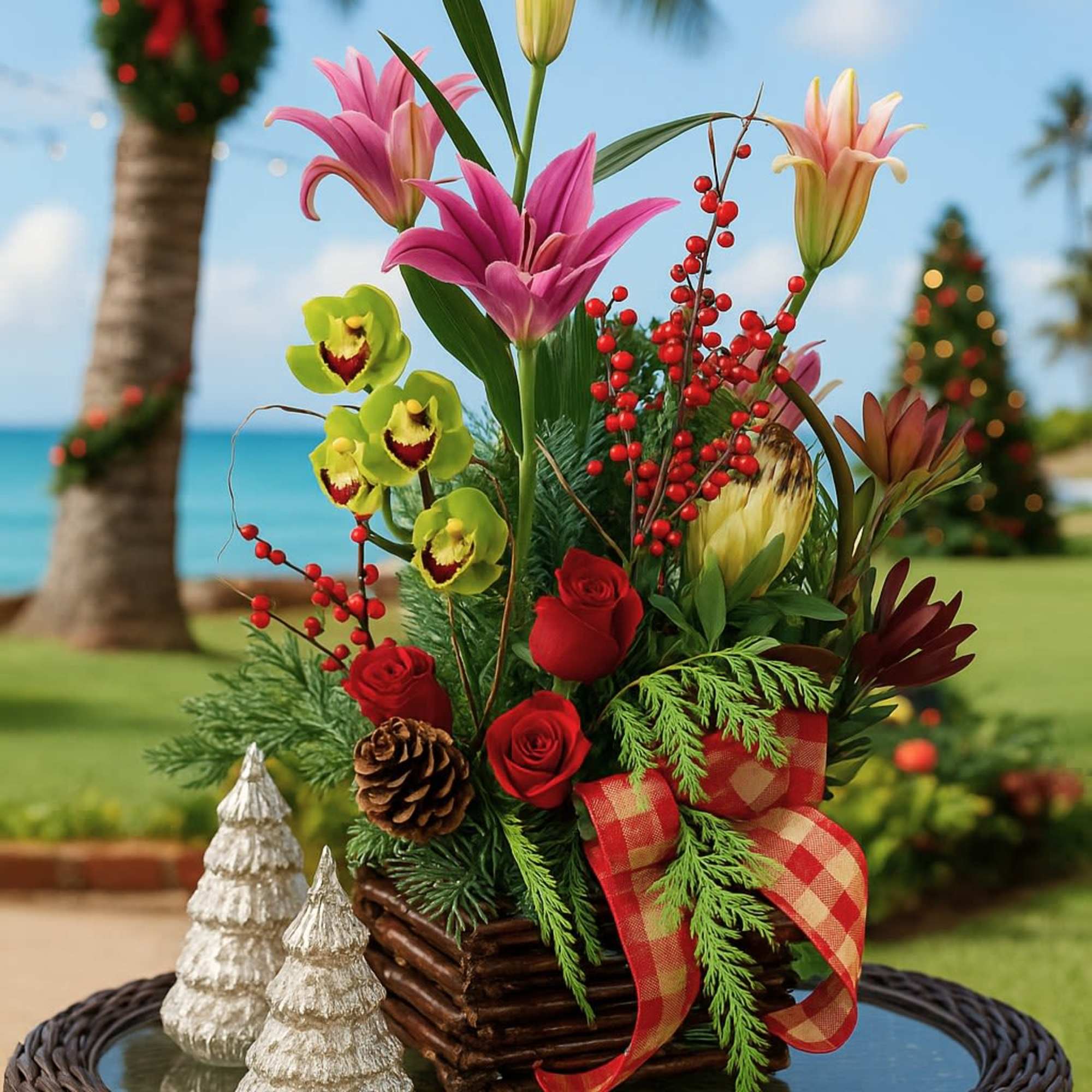 Holiday arrangement with lilies, red roses and green orchids in a wooden box with plaid bow