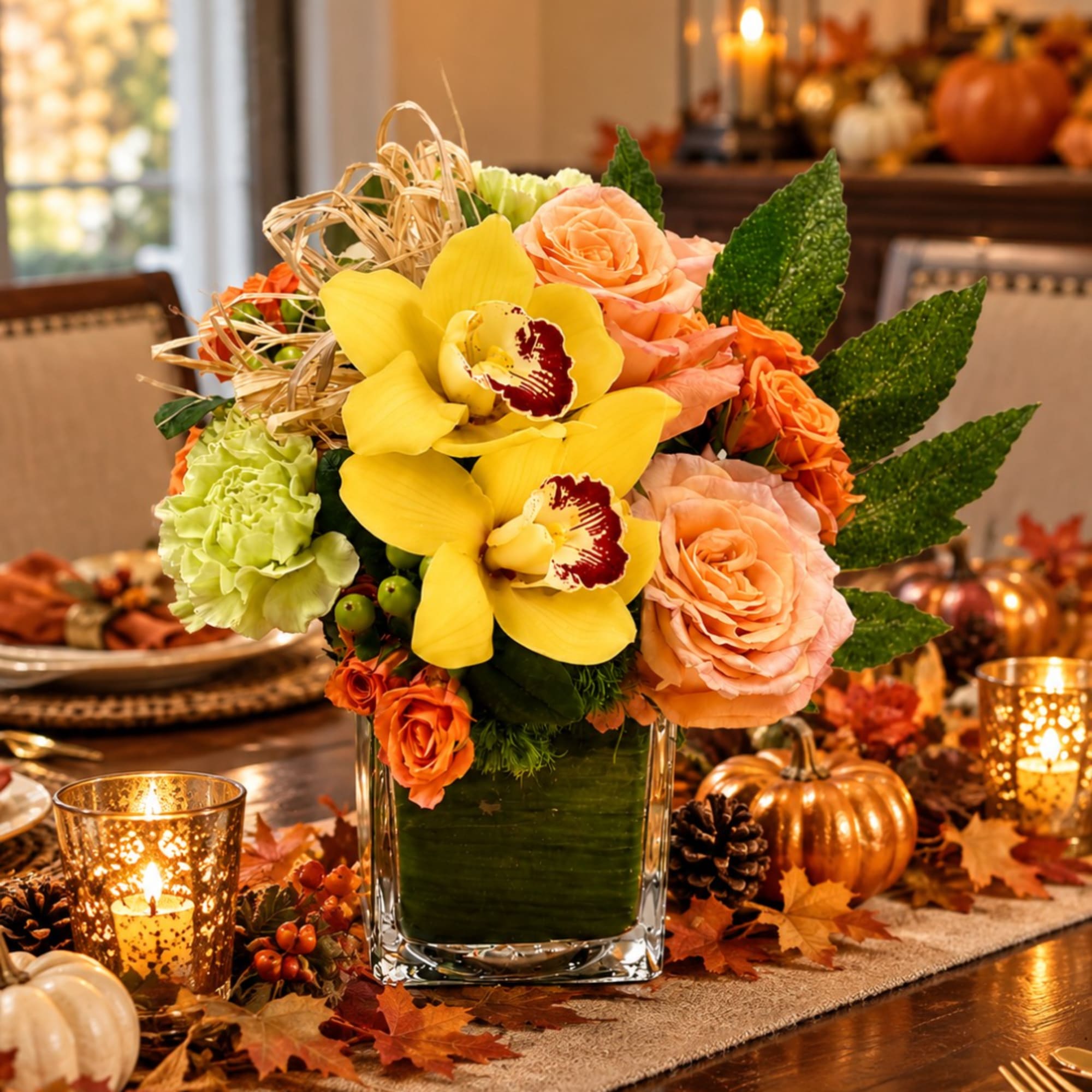 Autumn floral arrangement in a glass vase with yellow orchids and peach roses