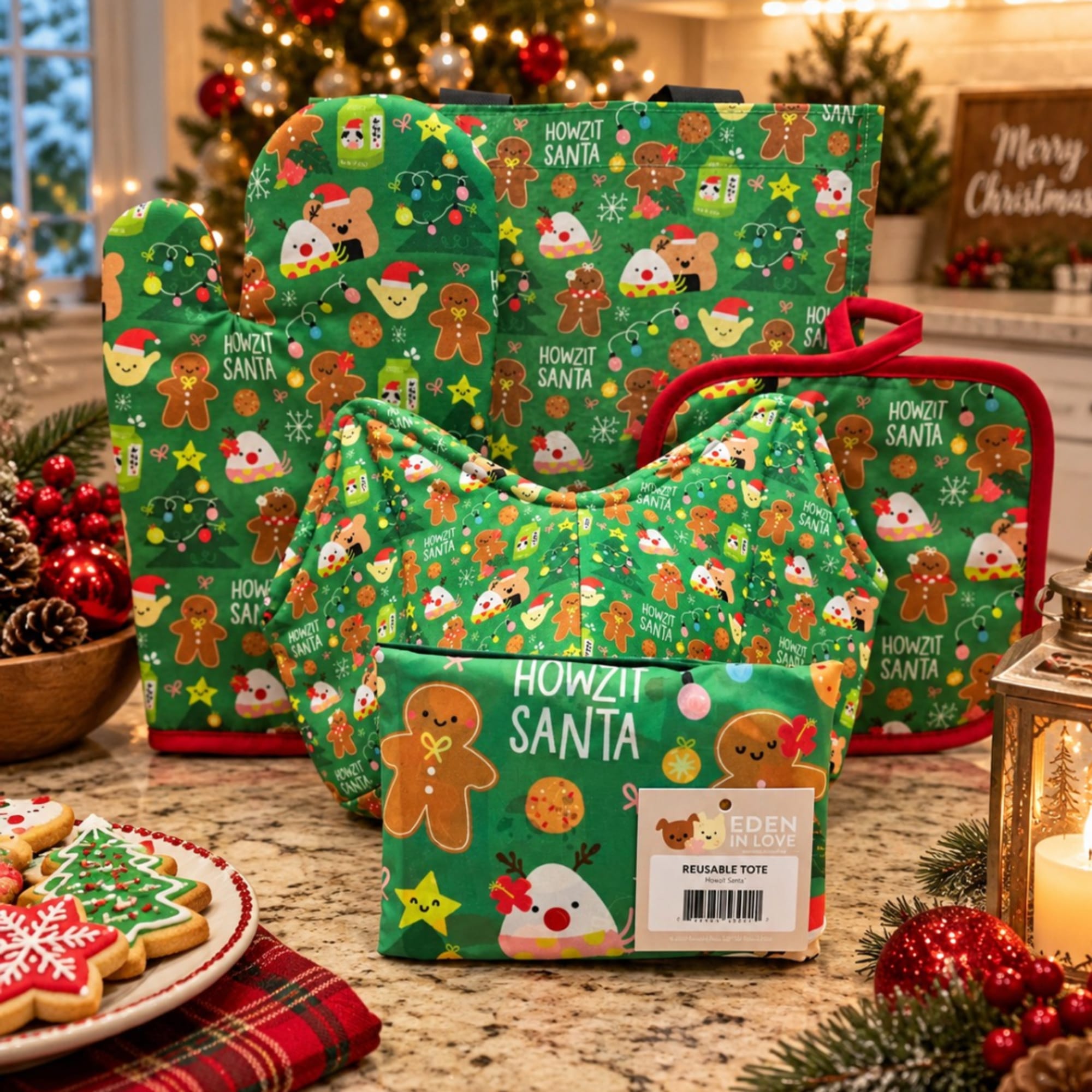 Three green Christmas tote bags with gingerbread and Santa prints