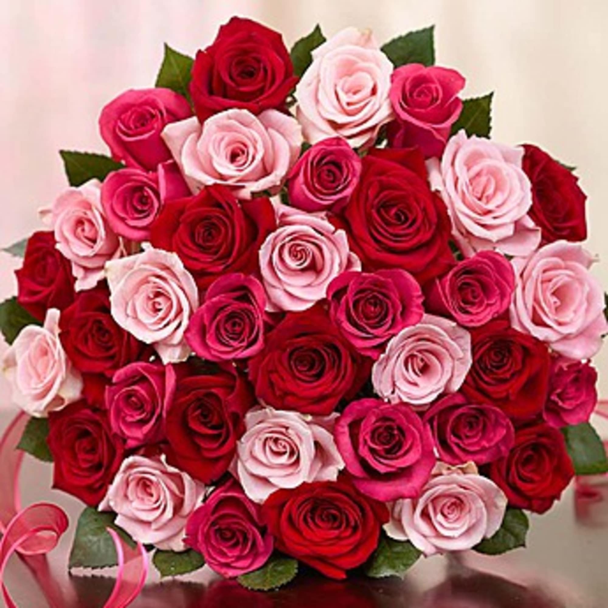 Bouquet of red, pink, and pale pink roses
