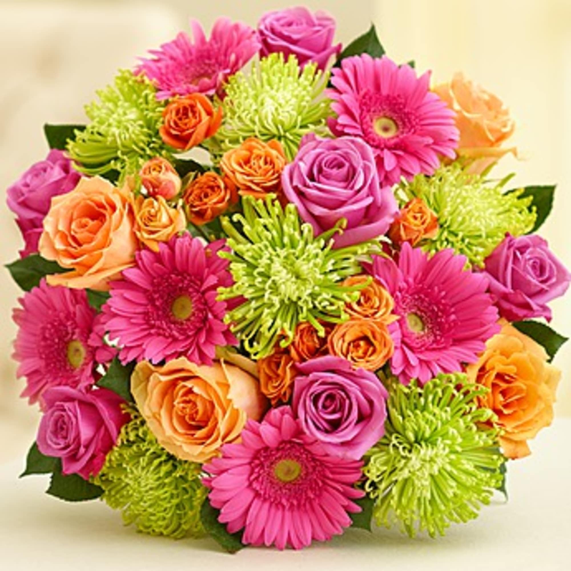 Bouquet of pink gerbera daisies, roses, and green mums