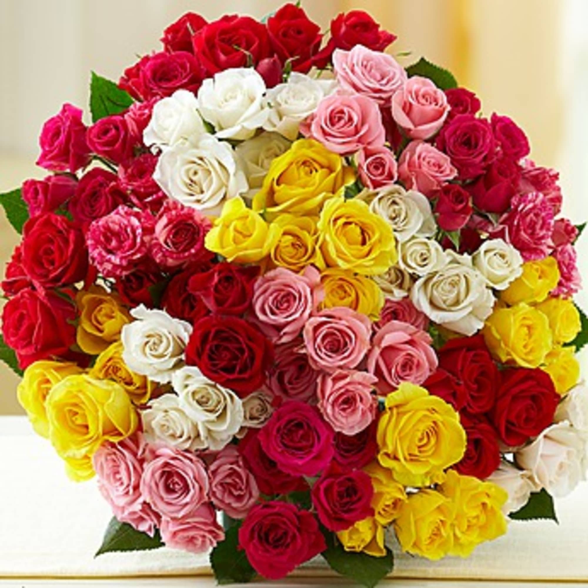 Large bouquet of multicolored roses in red, pink, white, and yellow