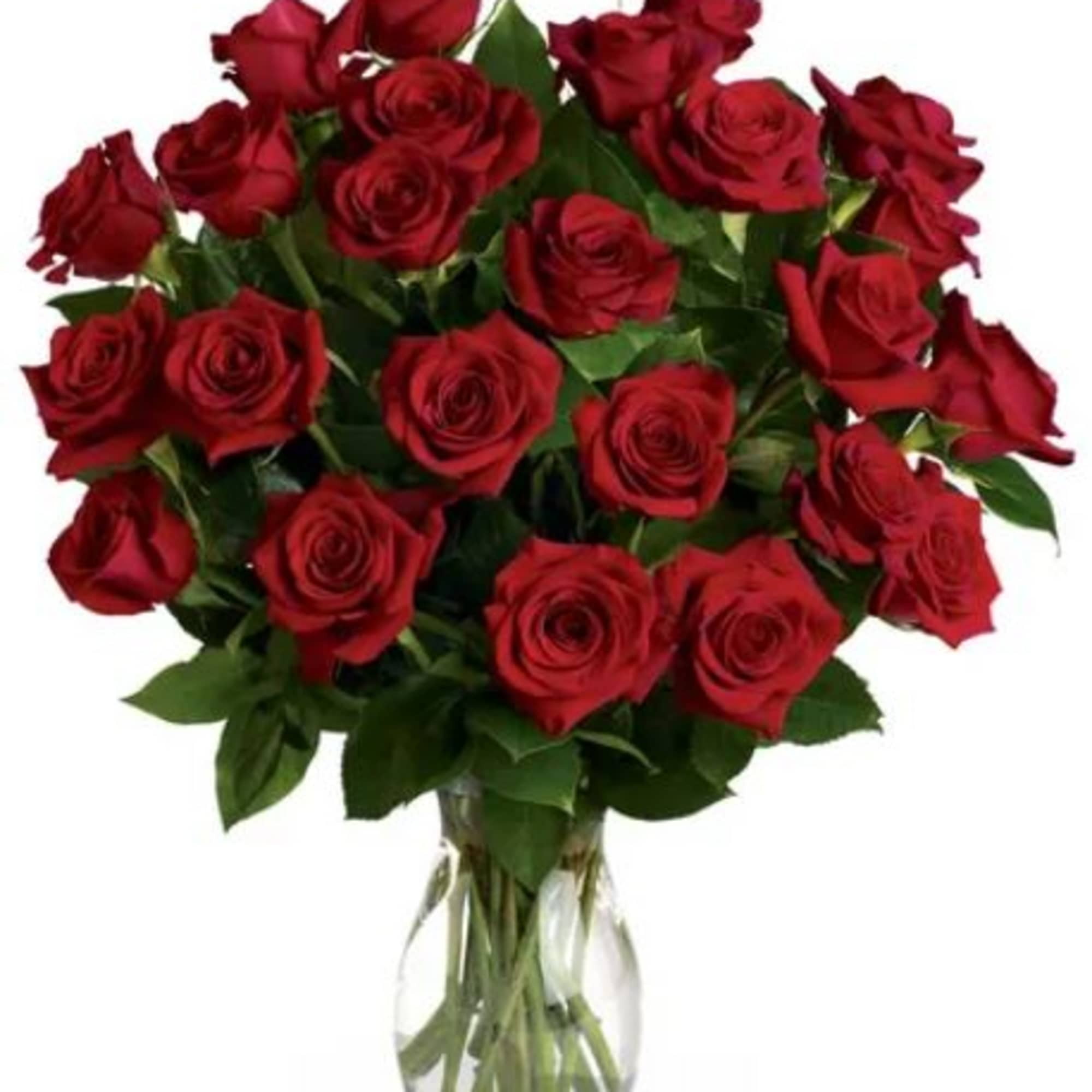 Bouquet of red roses in a clear glass vase