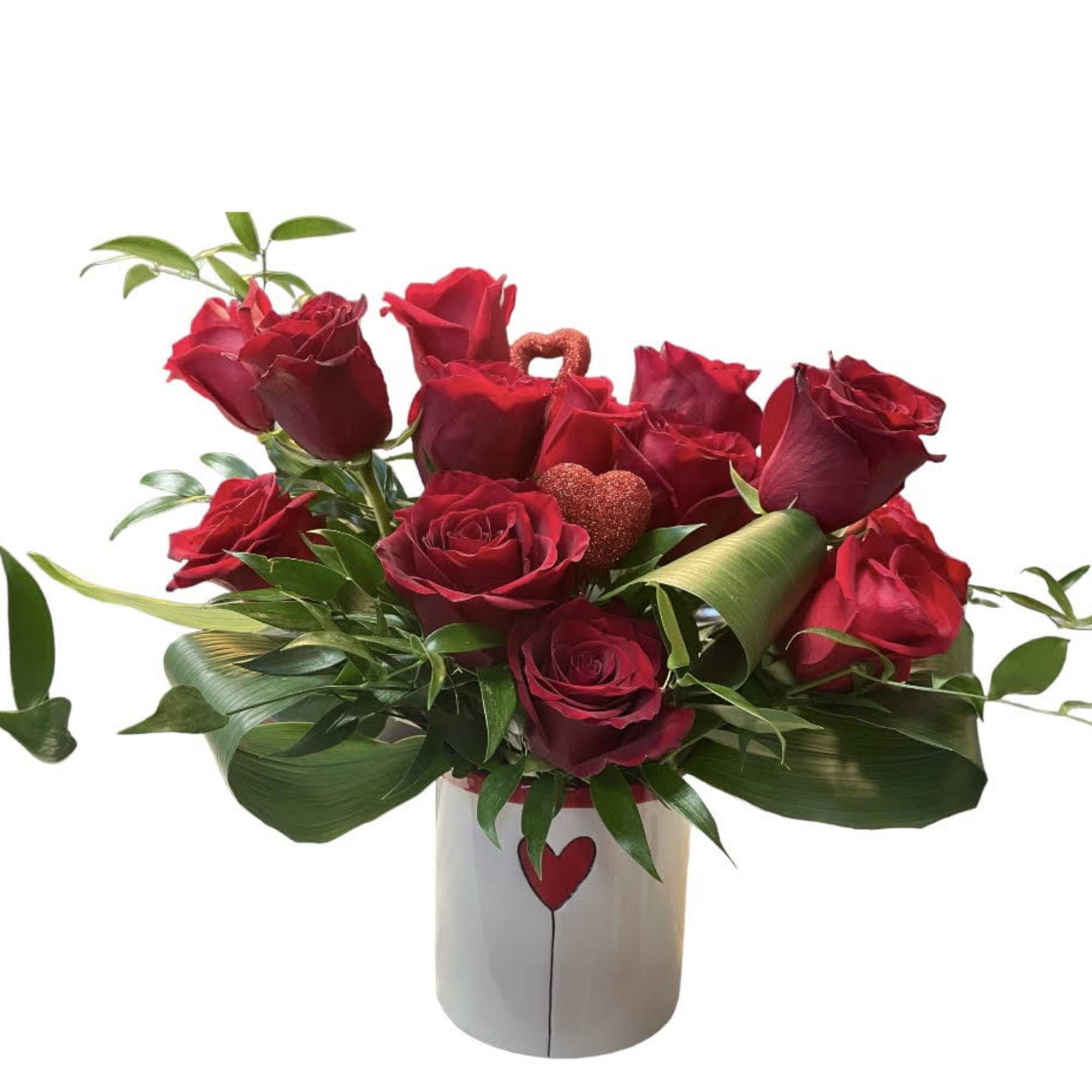 Red roses arranged in a white vase with a heart design, photo 3 of 3